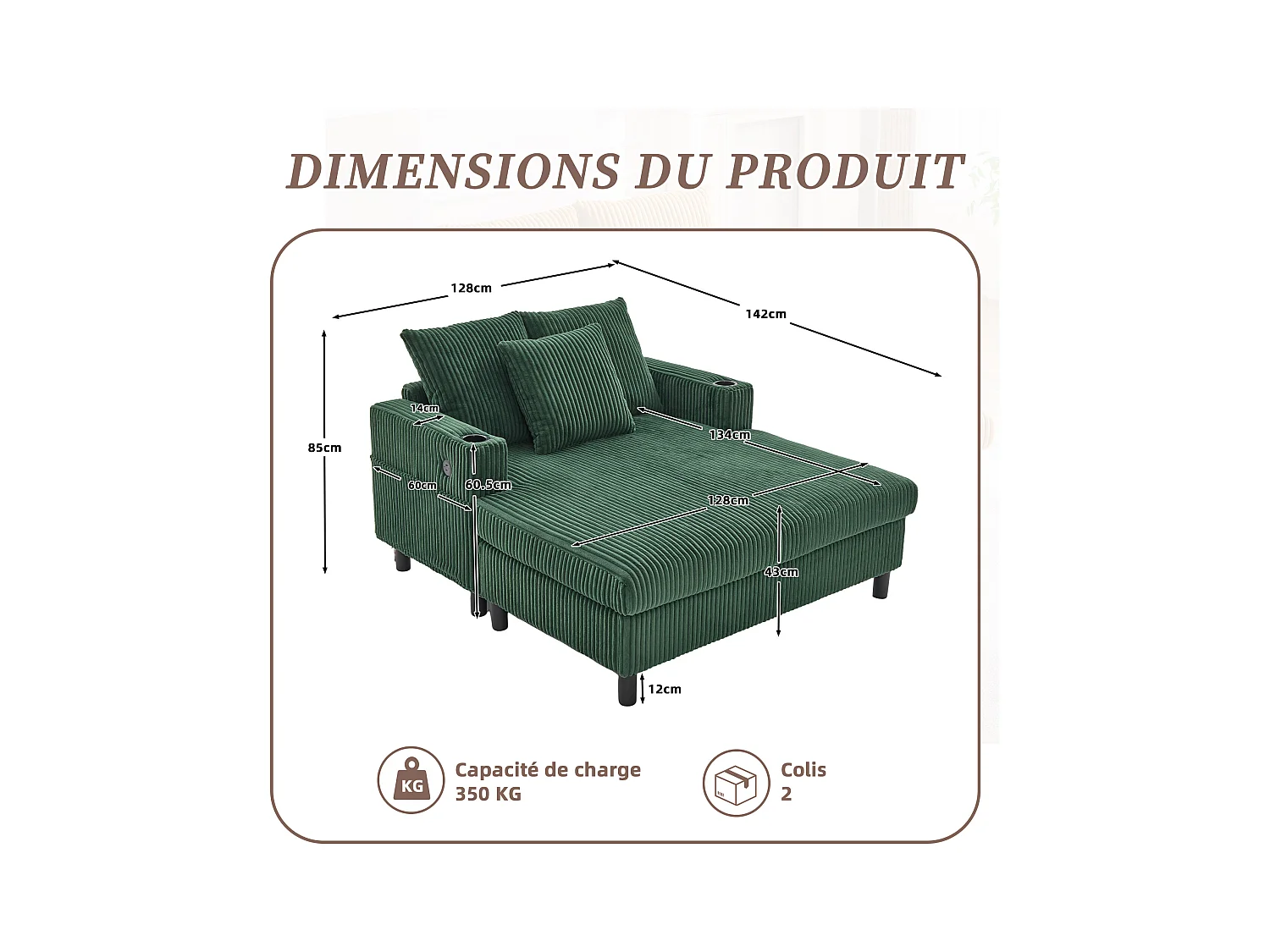Canapé 1 place convertible en velours vert – double couche pliable – avec LED & port USB - 350kg / 128x85cm