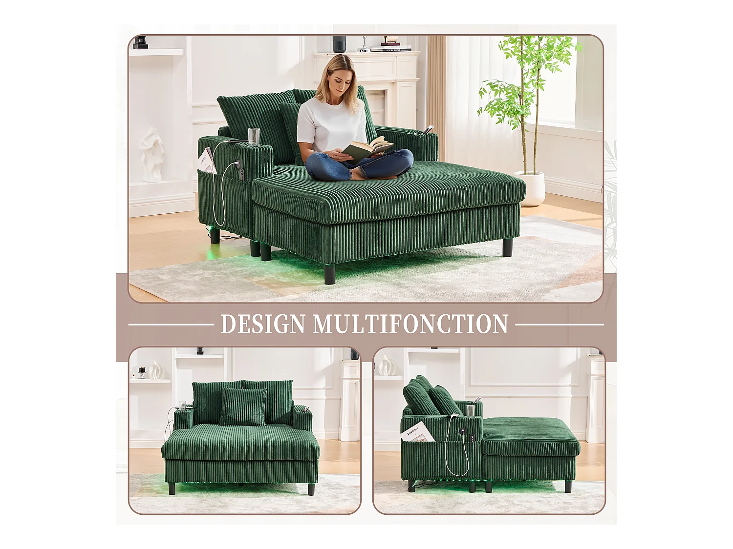 Canapé 1 place convertible en velours vert – double couche pliable – avec LED & port USB - 350kg / 128x85cm