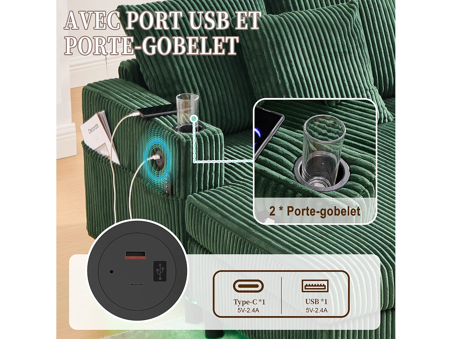 Canapé 1 place fixe en velours vert – double couche pliable – avec LED & port USB - 350kg / 128x85cm