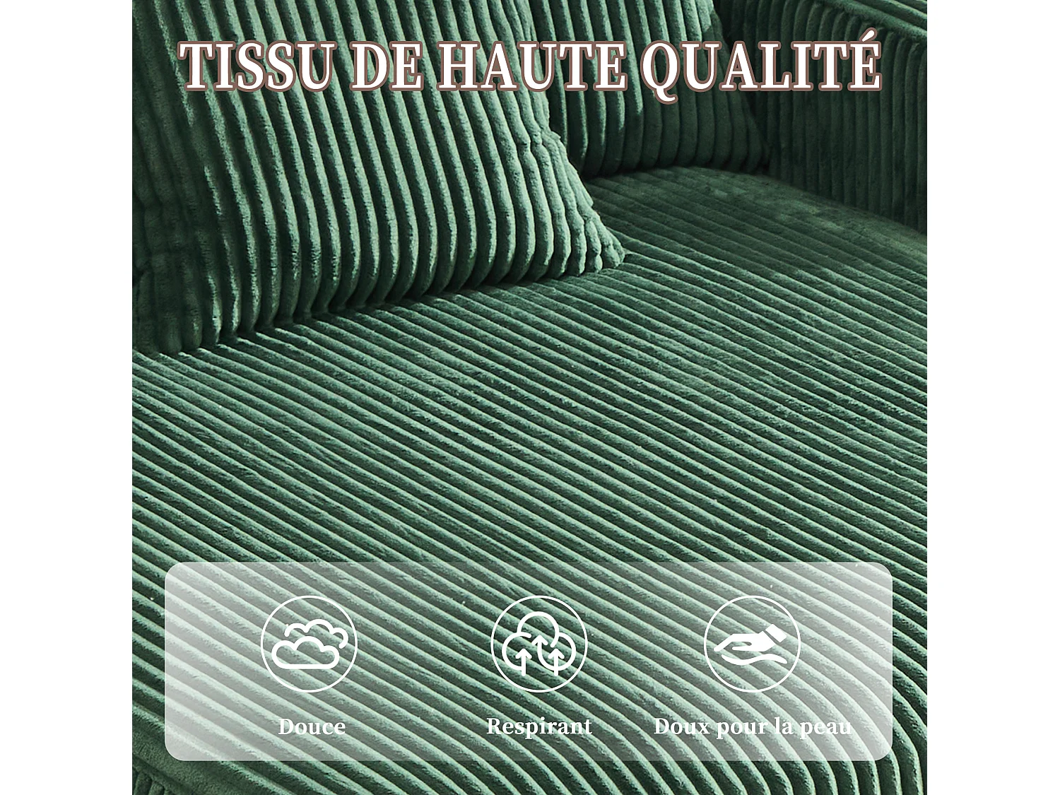 Canapé 1 place fixe en velours vert – double couche pliable – avec LED & port USB - 350kg / 128x85cm