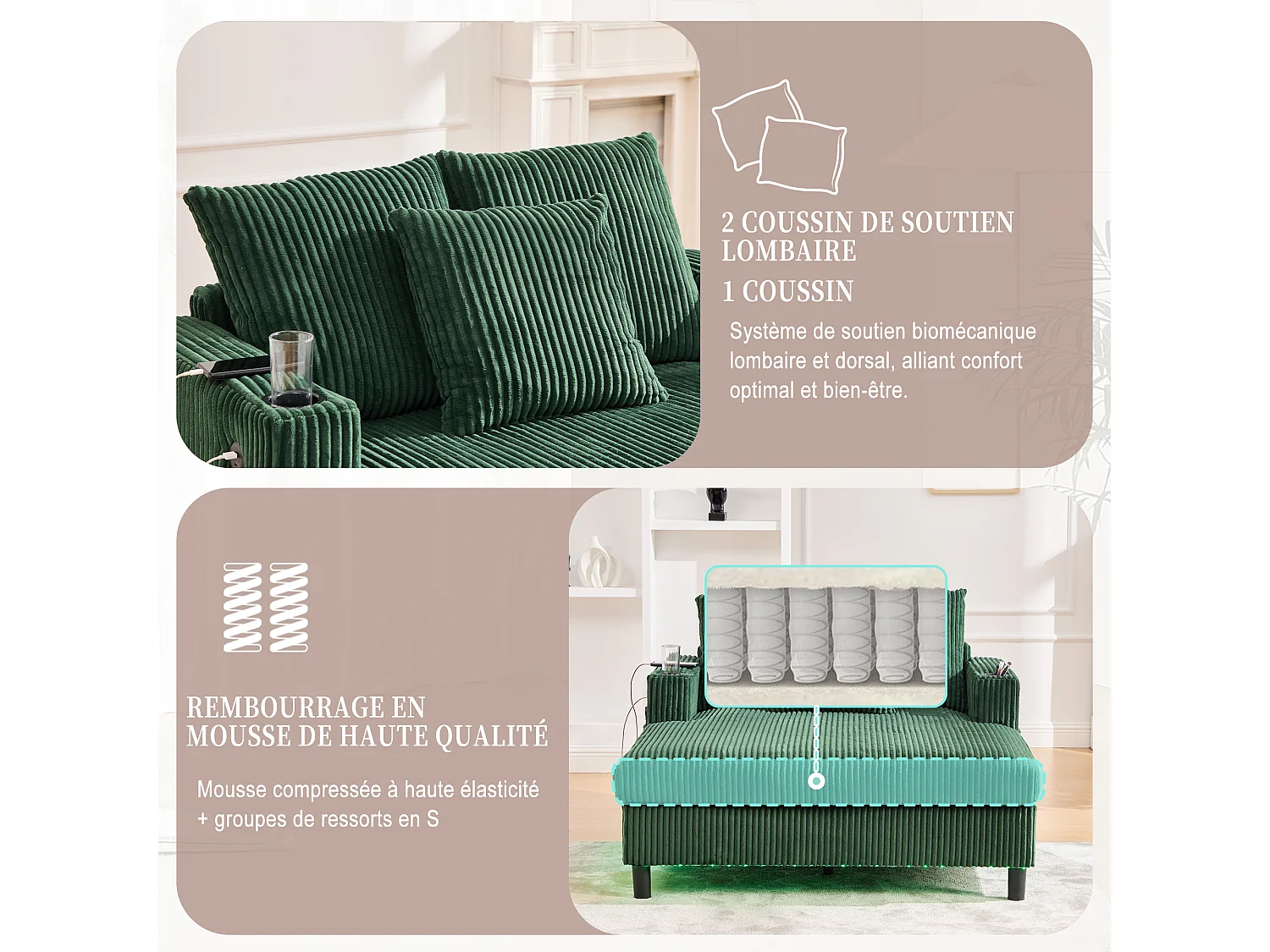 Canapé 1 place fixe en velours vert – double couche pliable – avec LED & port USB - 350kg / 128x85cm