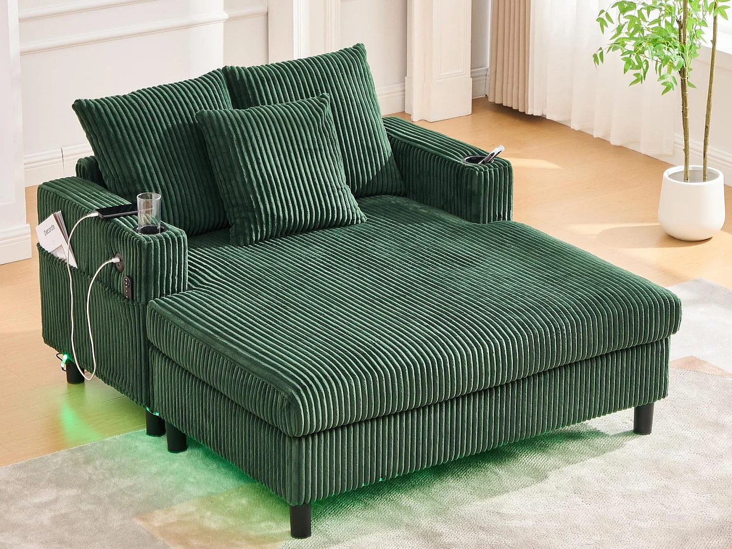 Méridienne 1 place fixe en velours vert – double couche pliable – avec LED & port USB - 350kg / 128x85cm