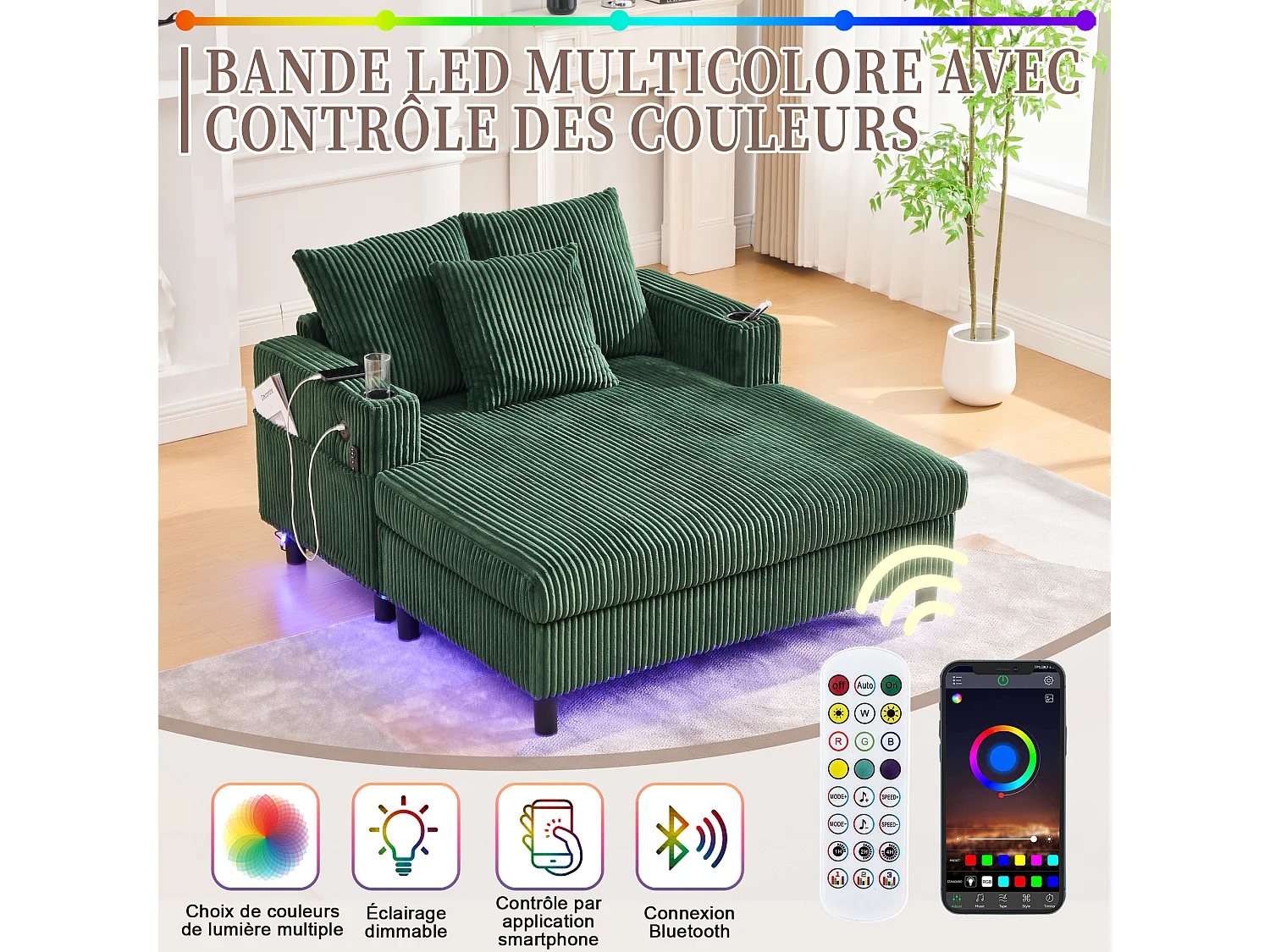 Méridienne 1 place fixe en velours vert – double couche pliable – avec LED & port USB - 350kg / 128x85cm