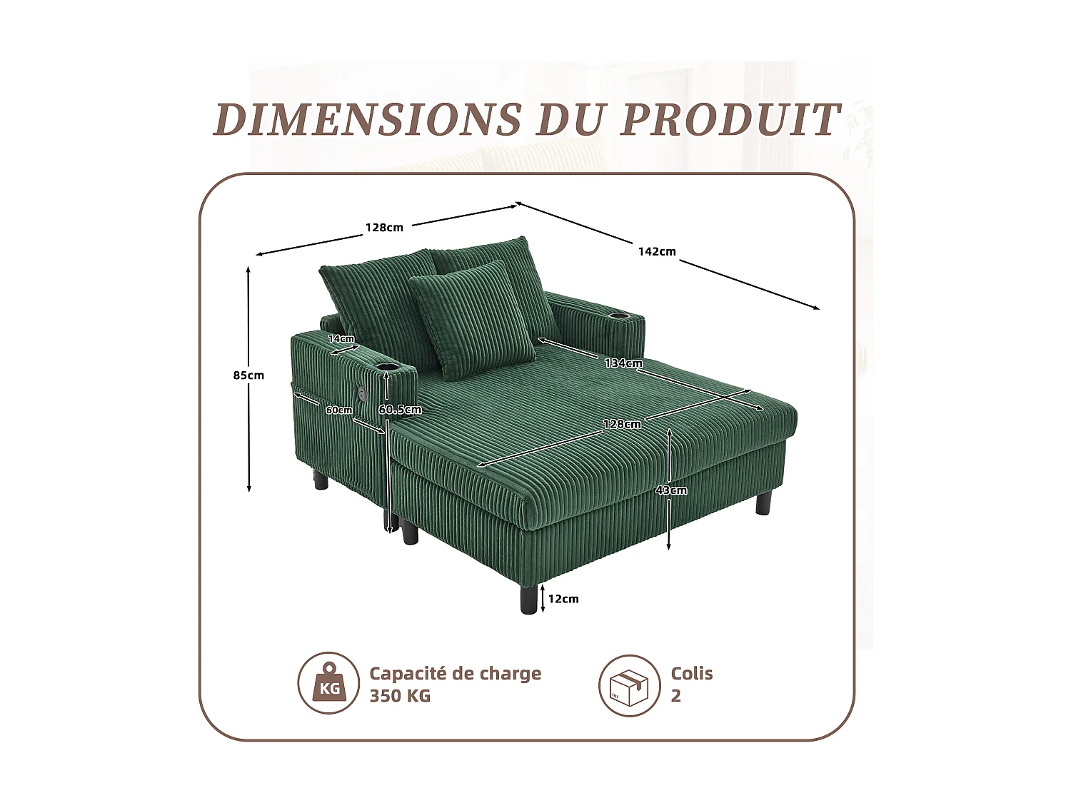 Méridienne 1 place fixe en velours vert – double couche pliable – avec LED & port USB - 350kg / 128x85cm