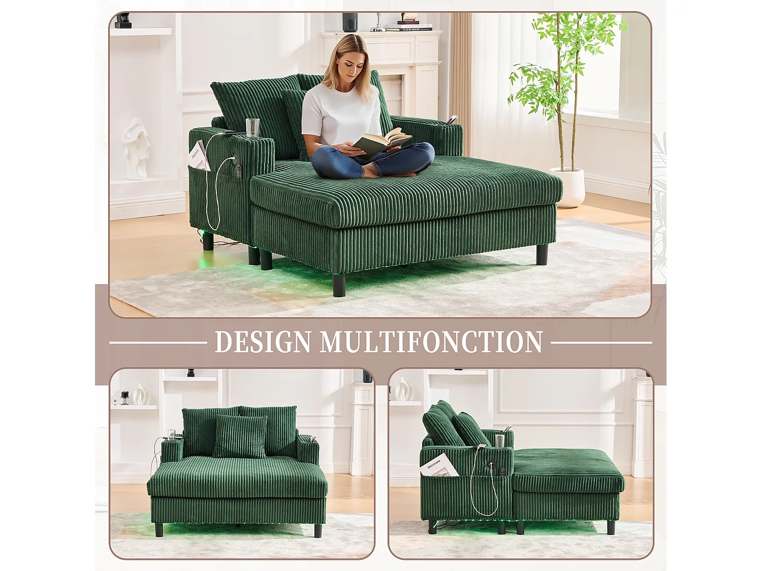 Méridienne 1 place fixe en velours vert – double couche pliable – avec LED & port USB - 350kg / 128x85cm