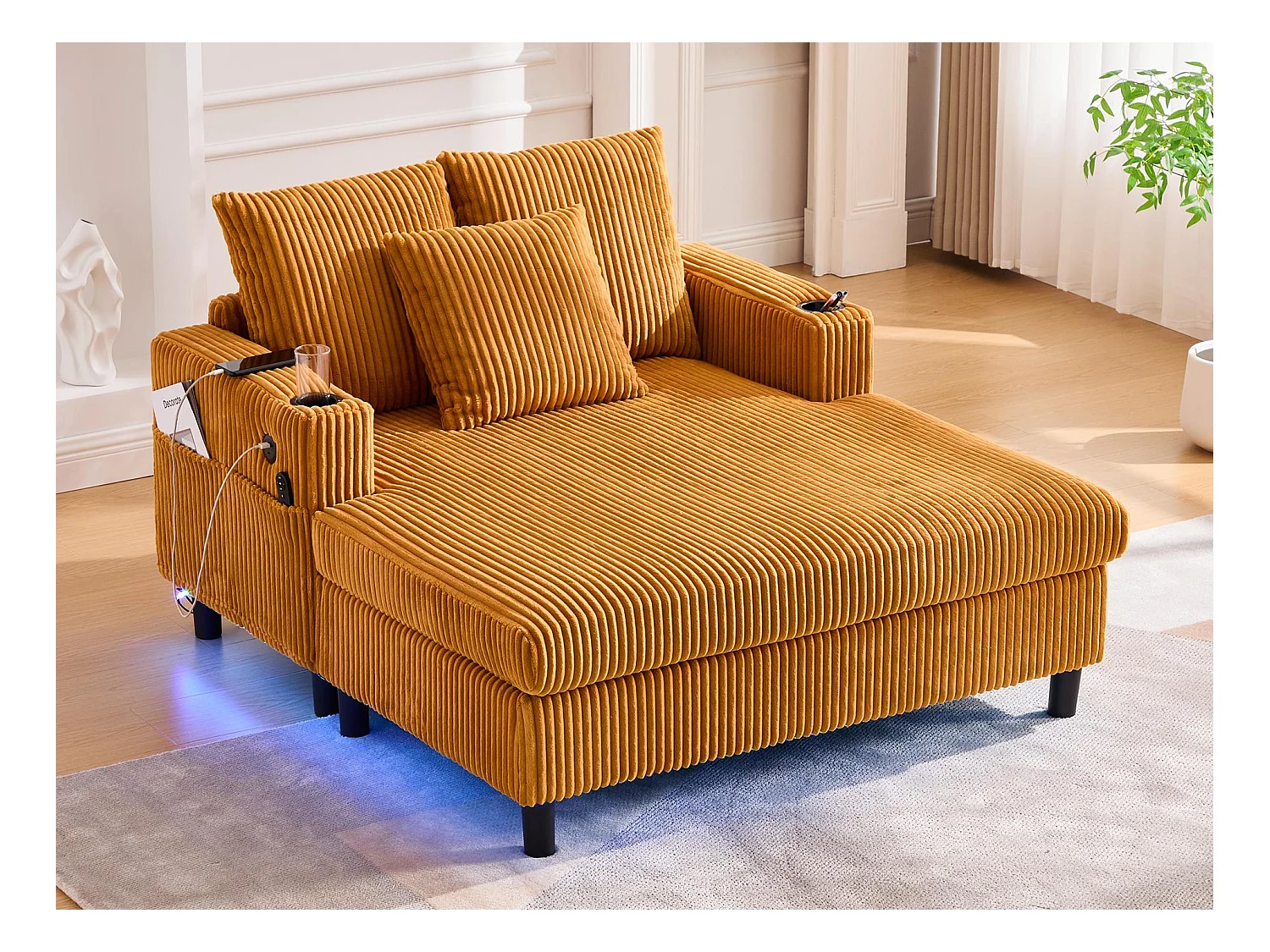 Canapé 1 place convertible en velours jaune – double couche pliable – avec LED & port USB - 350kg / 128x85cm