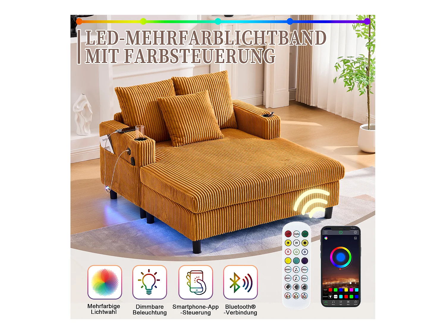 Canapé 1 place convertible en velours jaune – double couche pliable – avec LED & port USB - 350kg / 128x85cm