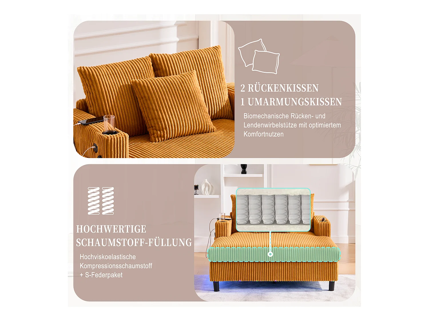 Canapé 1 place convertible en velours jaune – double couche pliable – avec LED & port USB - 350kg / 128x85cm