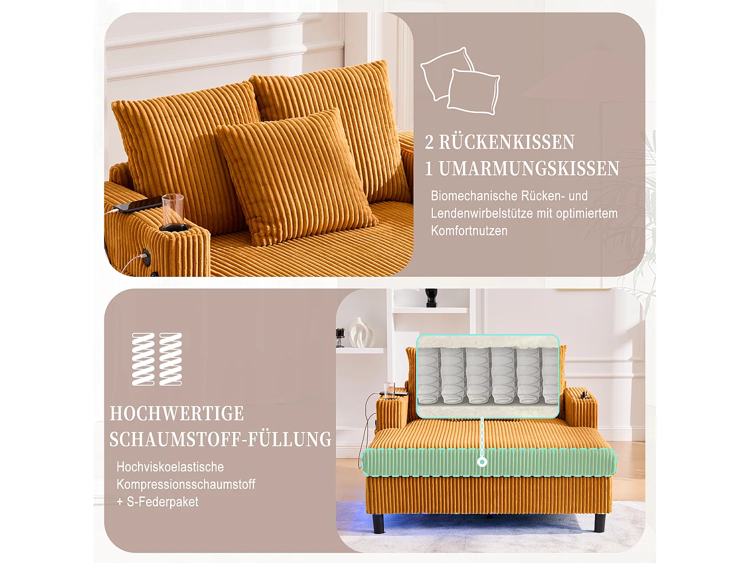 Canapé 1 place fixe en velours jaune – double couche pliable – avec LED & port USB - 350kg / 128x85cm