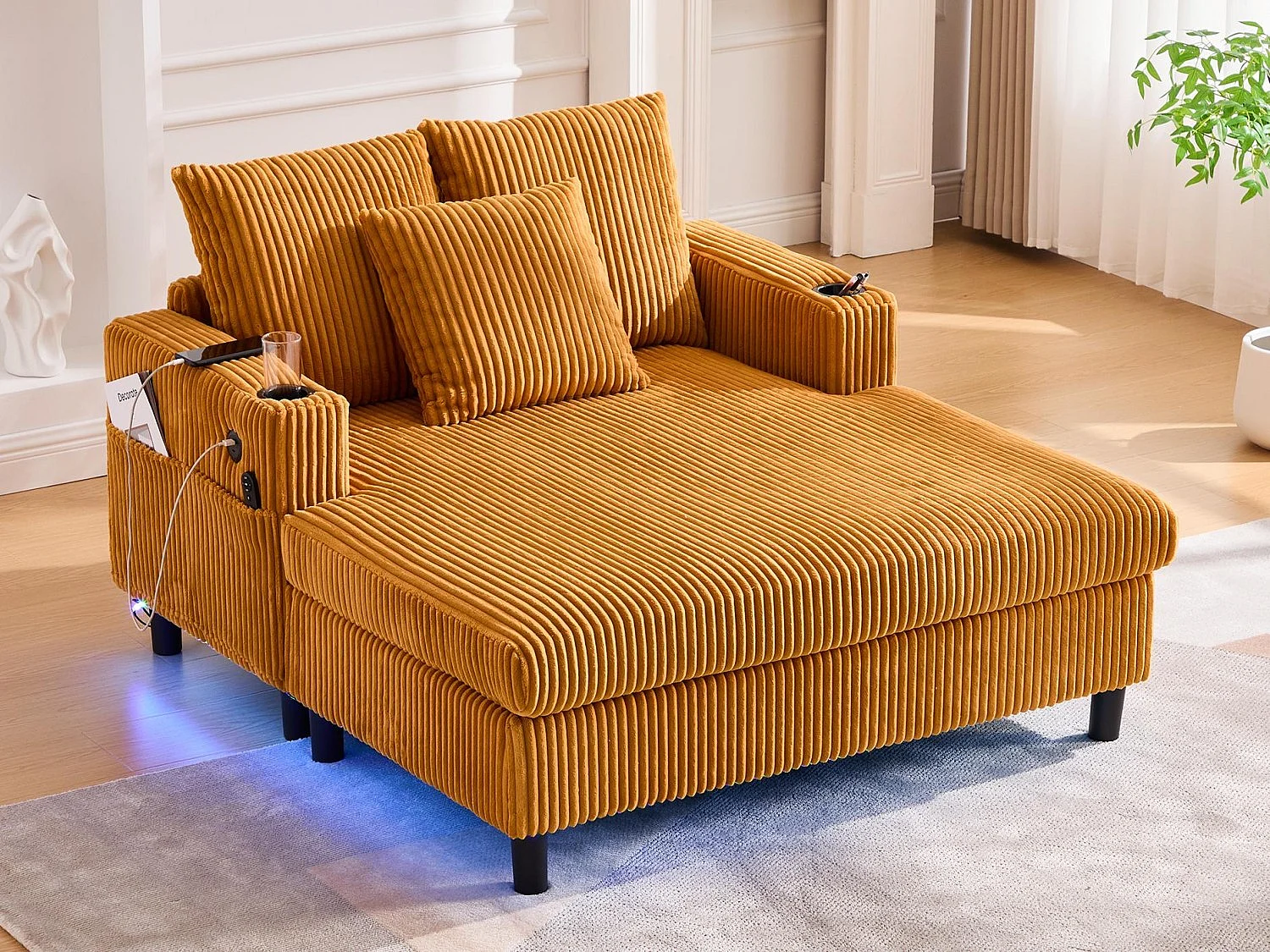 Méridienne 1 place fixe en velours jaune – double couche pliable – avec LED & port USB - 350kg / 128x85cm