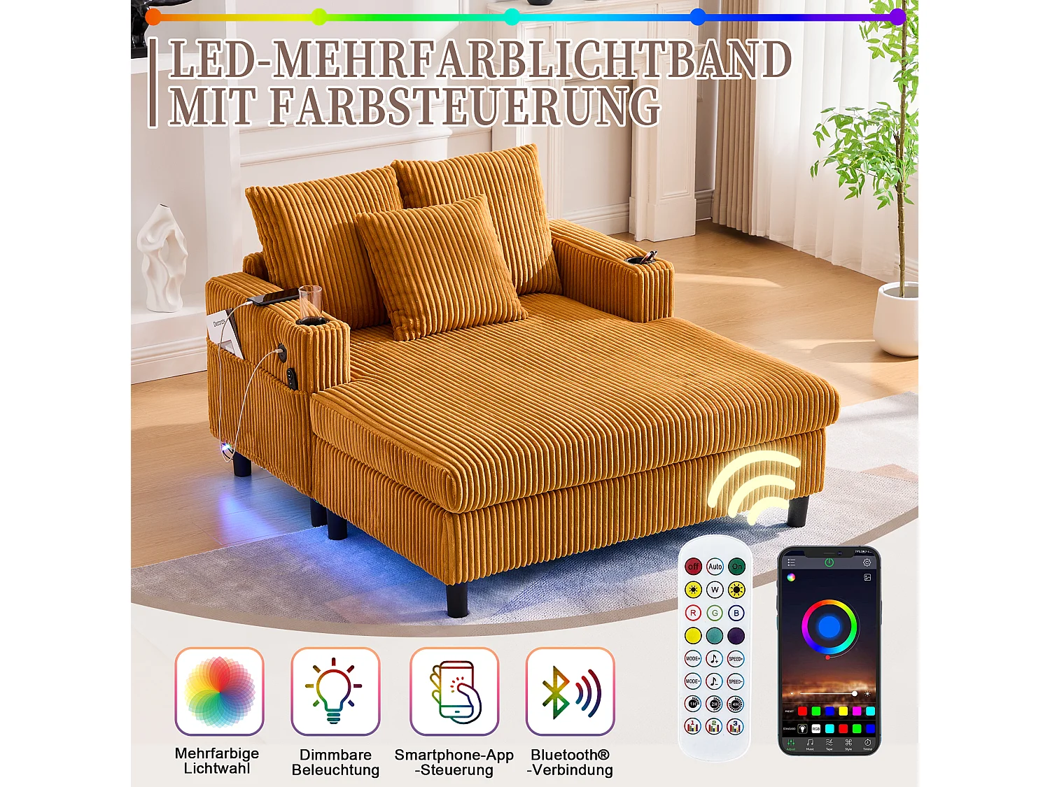 Méridienne 1 place fixe en velours jaune – double couche pliable – avec LED & port USB - 350kg / 128x85cm