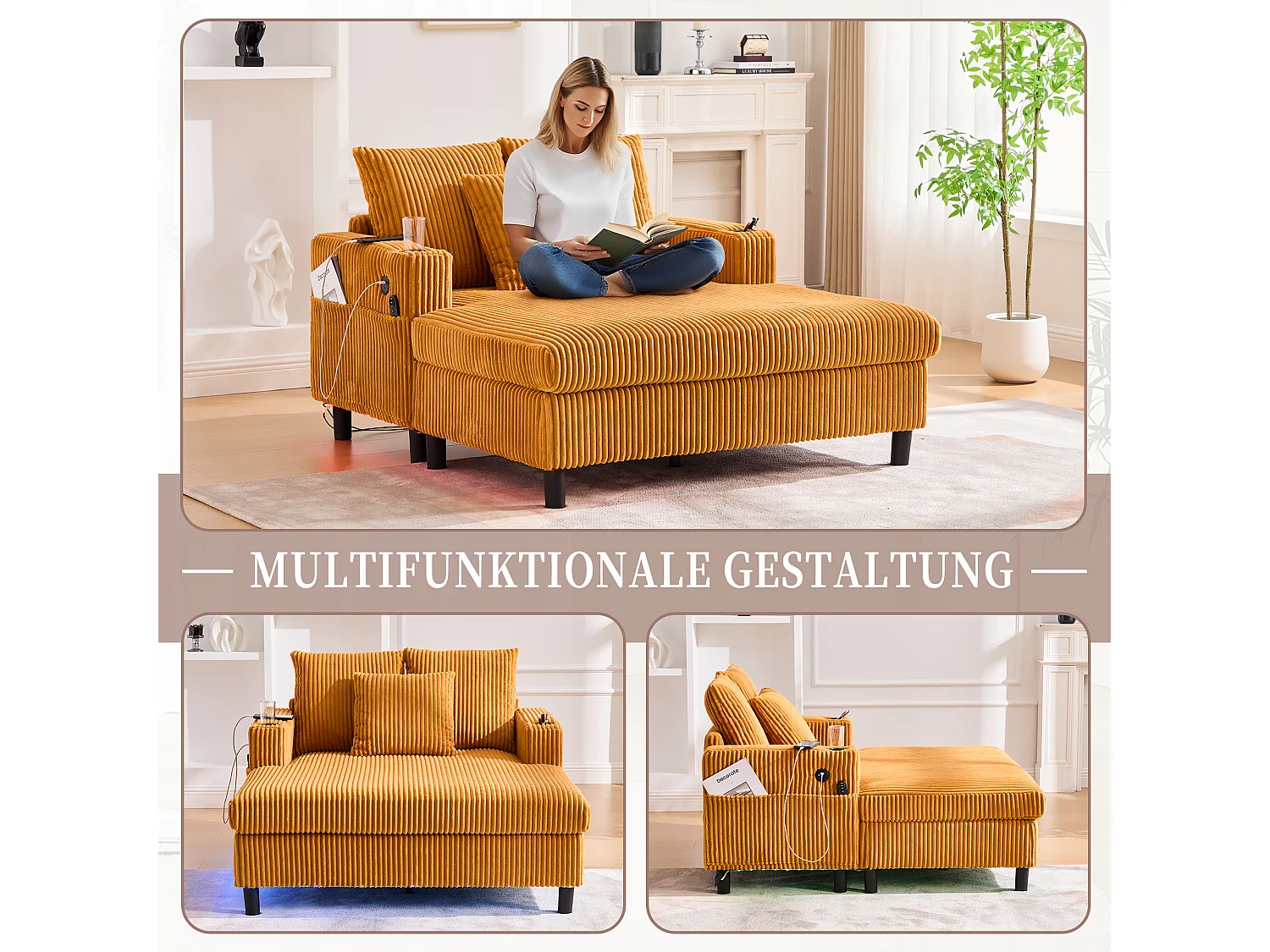 Méridienne 1 place fixe en velours jaune – double couche pliable – avec LED & port USB - 350kg / 128x85cm