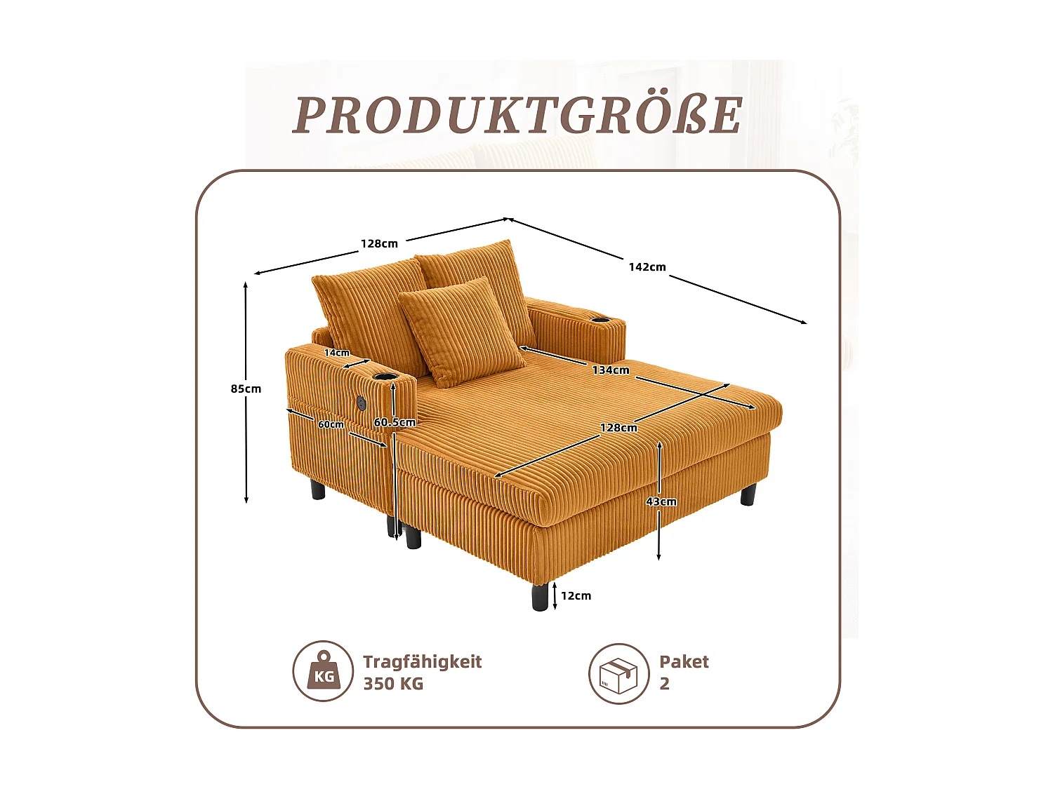 Méridienne 1 place fixe en velours jaune – double couche pliable – avec LED & port USB - 350kg / 128x85cm