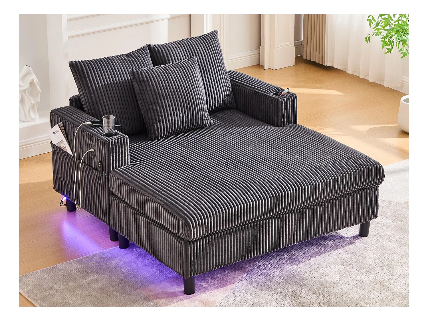 Canapé 1 place convertible en velours gris  – double couche pliable – avec LED & port USB - 350kg / 128x85cm