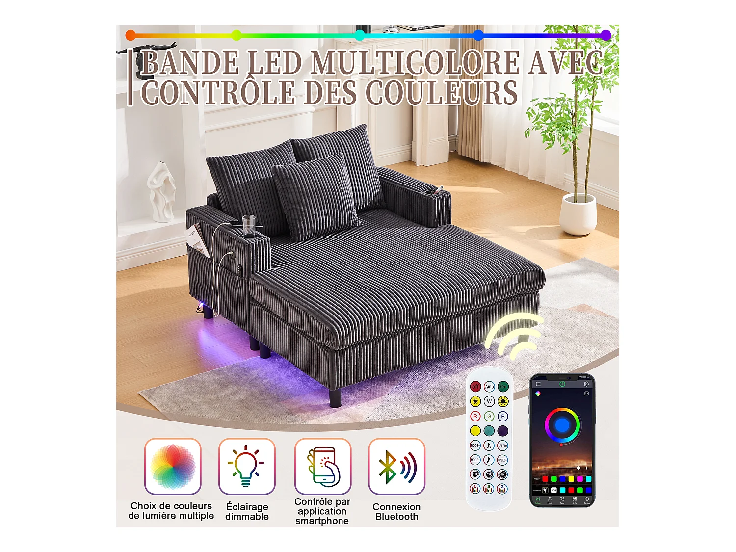 Canapé 1 place convertible en velours gris  – double couche pliable – avec LED & port USB - 350kg / 128x85cm