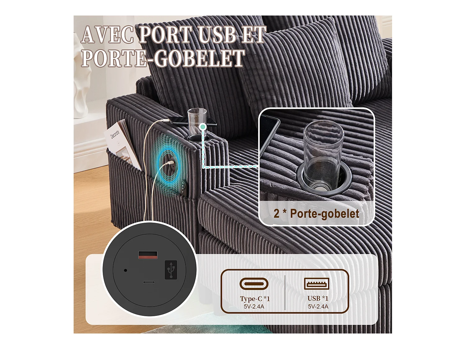 Canapé 1 place convertible en velours gris  – double couche pliable – avec LED & port USB - 350kg / 128x85cm