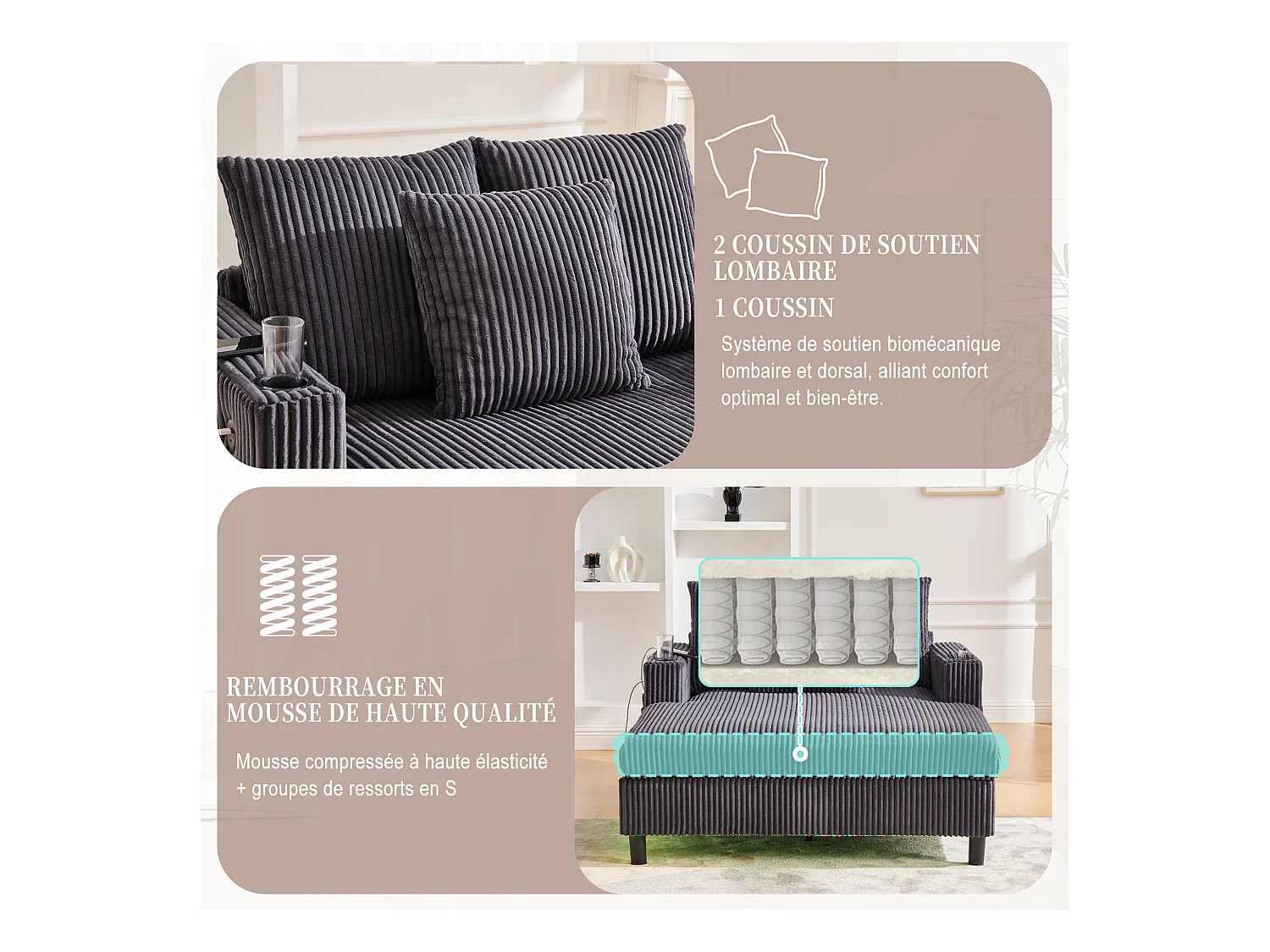 Canapé 1 place convertible en velours gris  – double couche pliable – avec LED & port USB - 350kg / 128x85cm