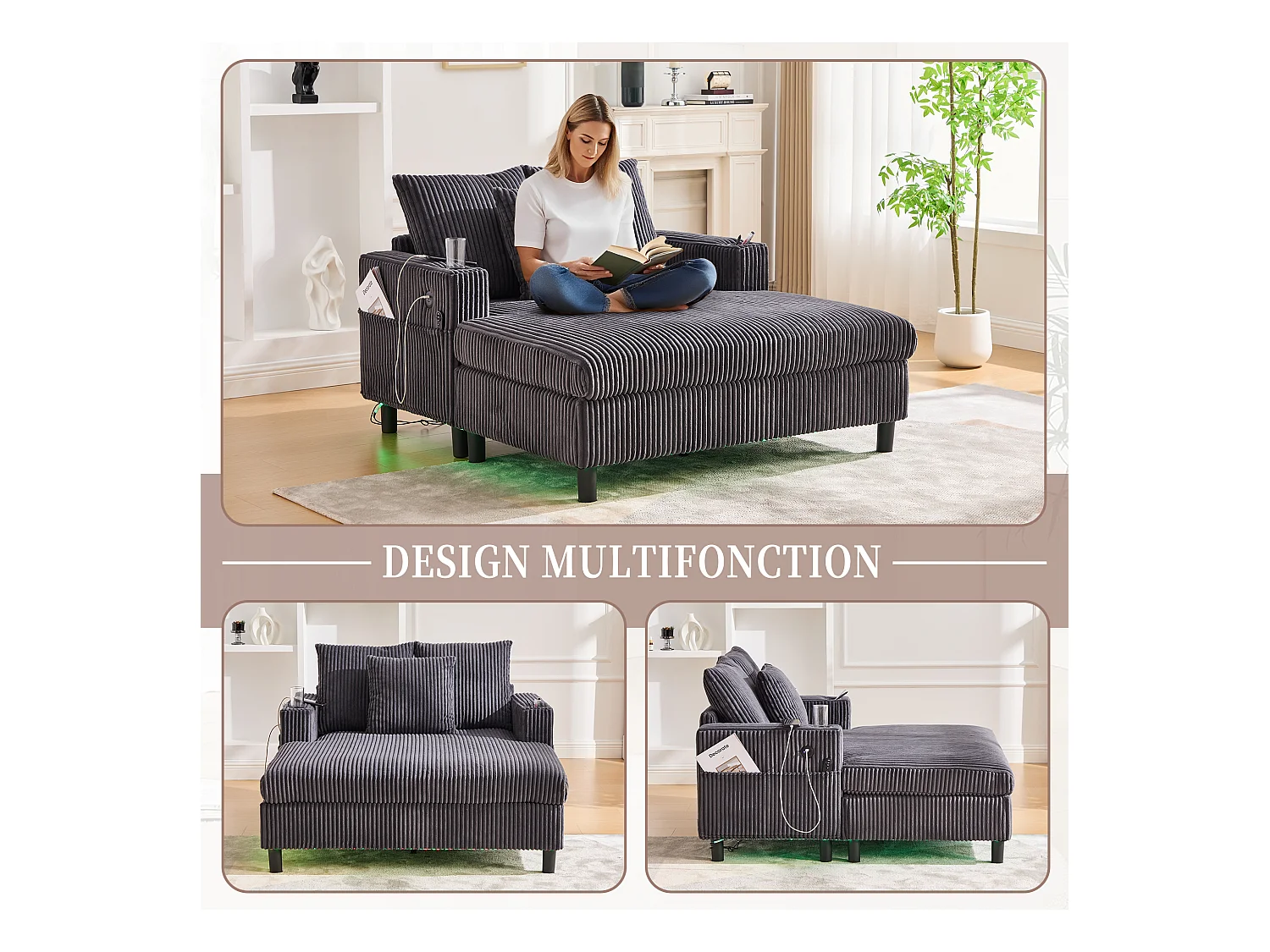 Canapé 1 place convertible en velours gris  – double couche pliable – avec LED & port USB - 350kg / 128x85cm