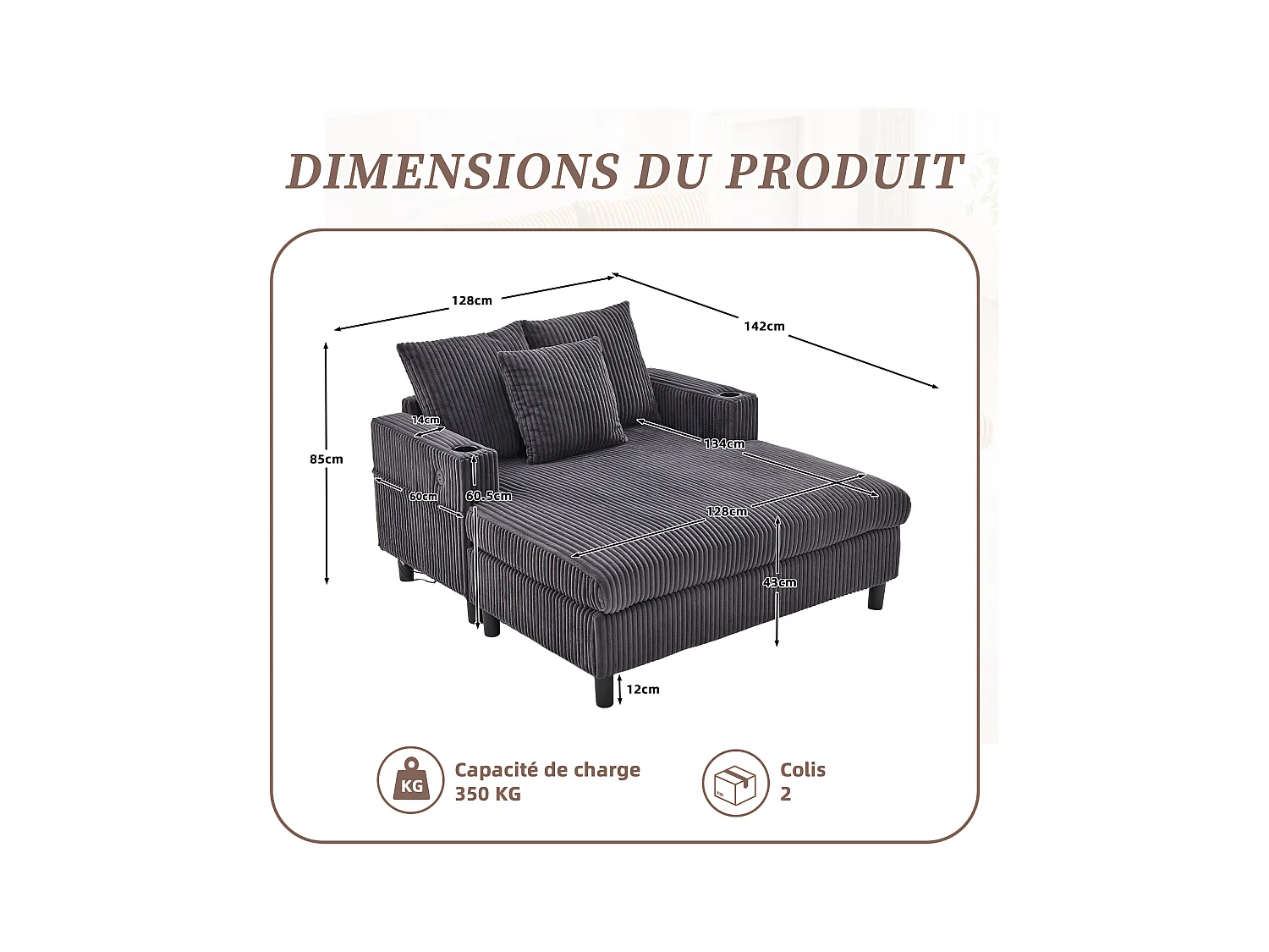 Canapé 1 place convertible en velours gris  – double couche pliable – avec LED & port USB - 350kg / 128x85cm
