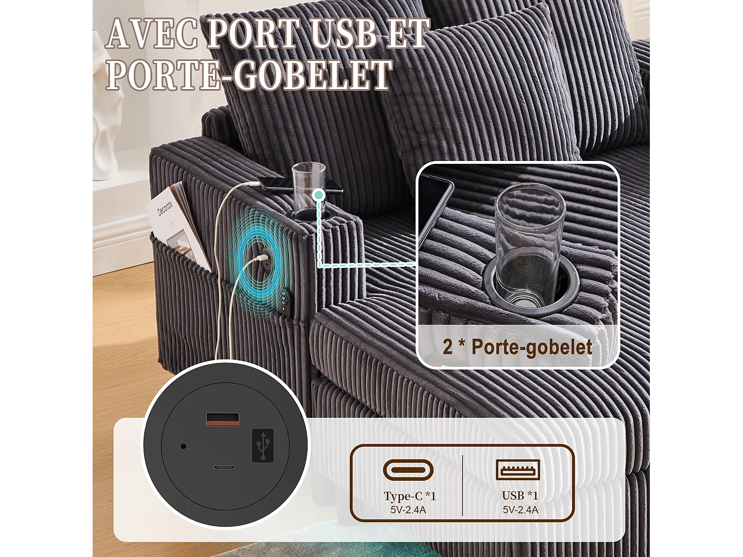 Canapé 1 place fixe en velours gris  – double couche pliable – avec LED & port USB - 350kg / 128x85cm