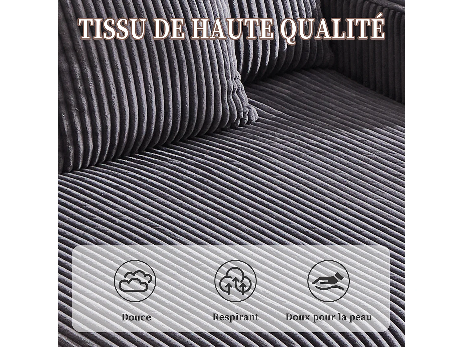 Canapé 1 place fixe en velours gris  – double couche pliable – avec LED & port USB - 350kg / 128x85cm