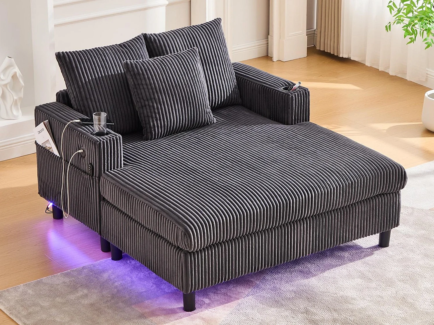 Méridienne 1 place fixe en velours gris – double couche pliable – avec LED & port USB - 350kg / 128x85cm