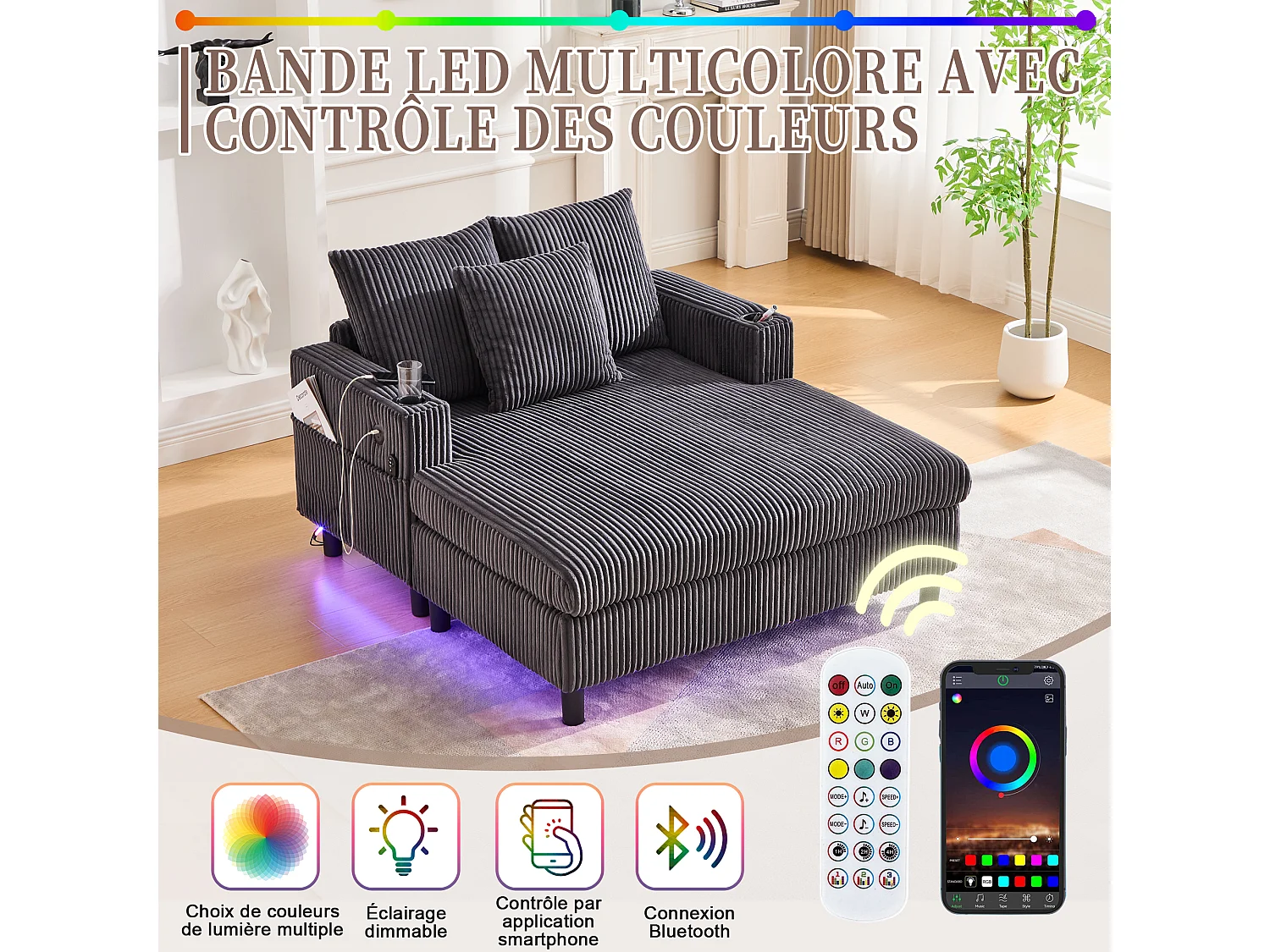 Méridienne 1 place fixe en velours gris – double couche pliable – avec LED & port USB - 350kg / 128x85cm