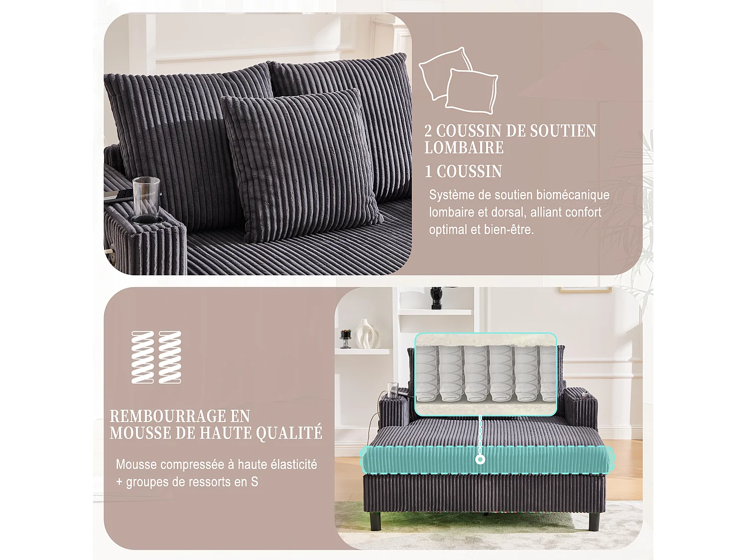 Méridienne 1 place fixe en velours gris – double couche pliable – avec LED & port USB - 350kg / 128x85cm