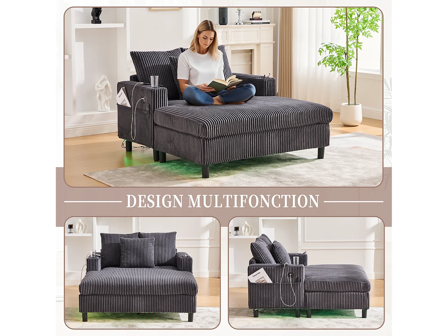 Méridienne 1 place fixe en velours gris – double couche pliable – avec LED & port USB - 350kg / 128x85cm