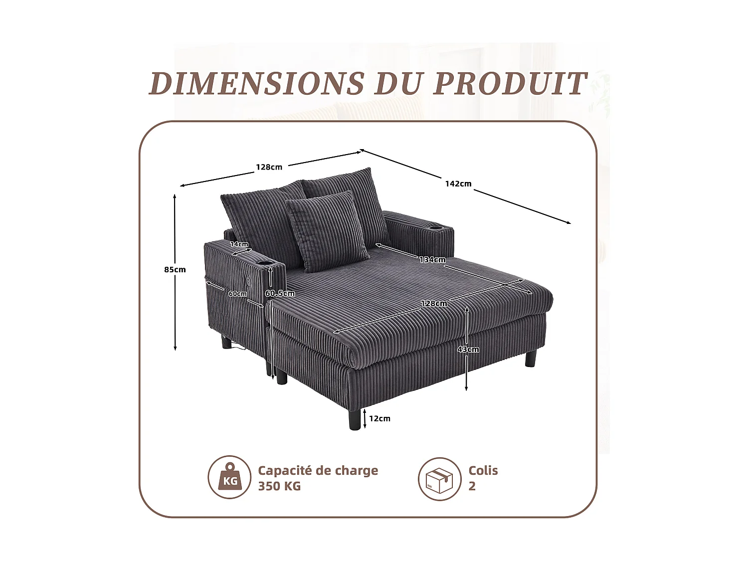 Méridienne 1 place fixe en velours gris – double couche pliable – avec LED & port USB - 350kg / 128x85cm