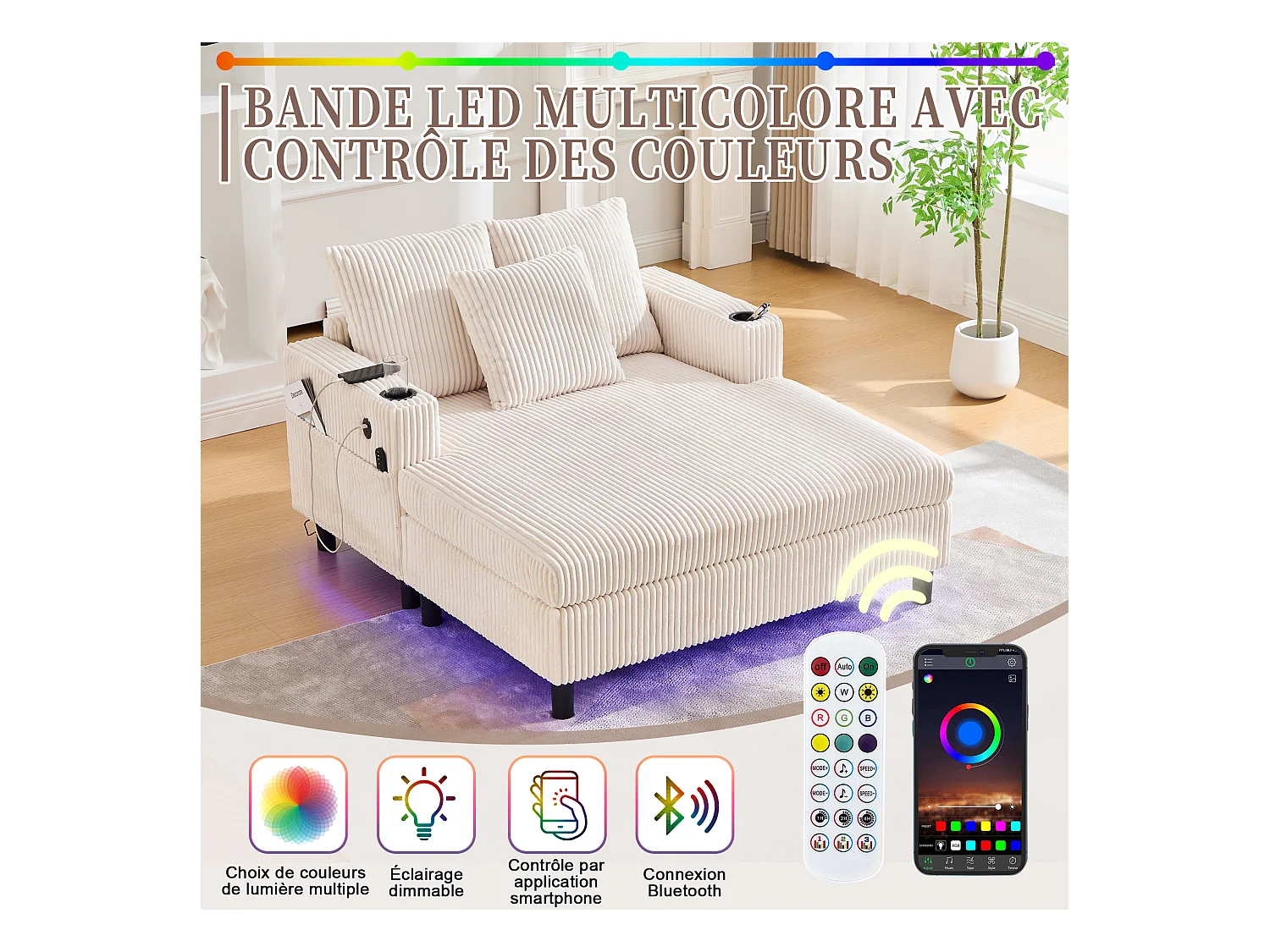 Canapé 1 place fixe en velours beige – double couche pliable – avec LED & port USB - 350kg / 128x85cm