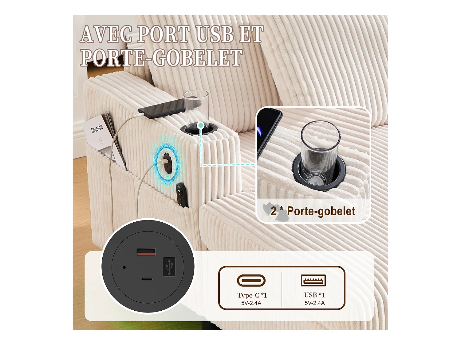 Canapé 1 place fixe en velours beige – double couche pliable – avec LED & port USB - 350kg / 128x85cm