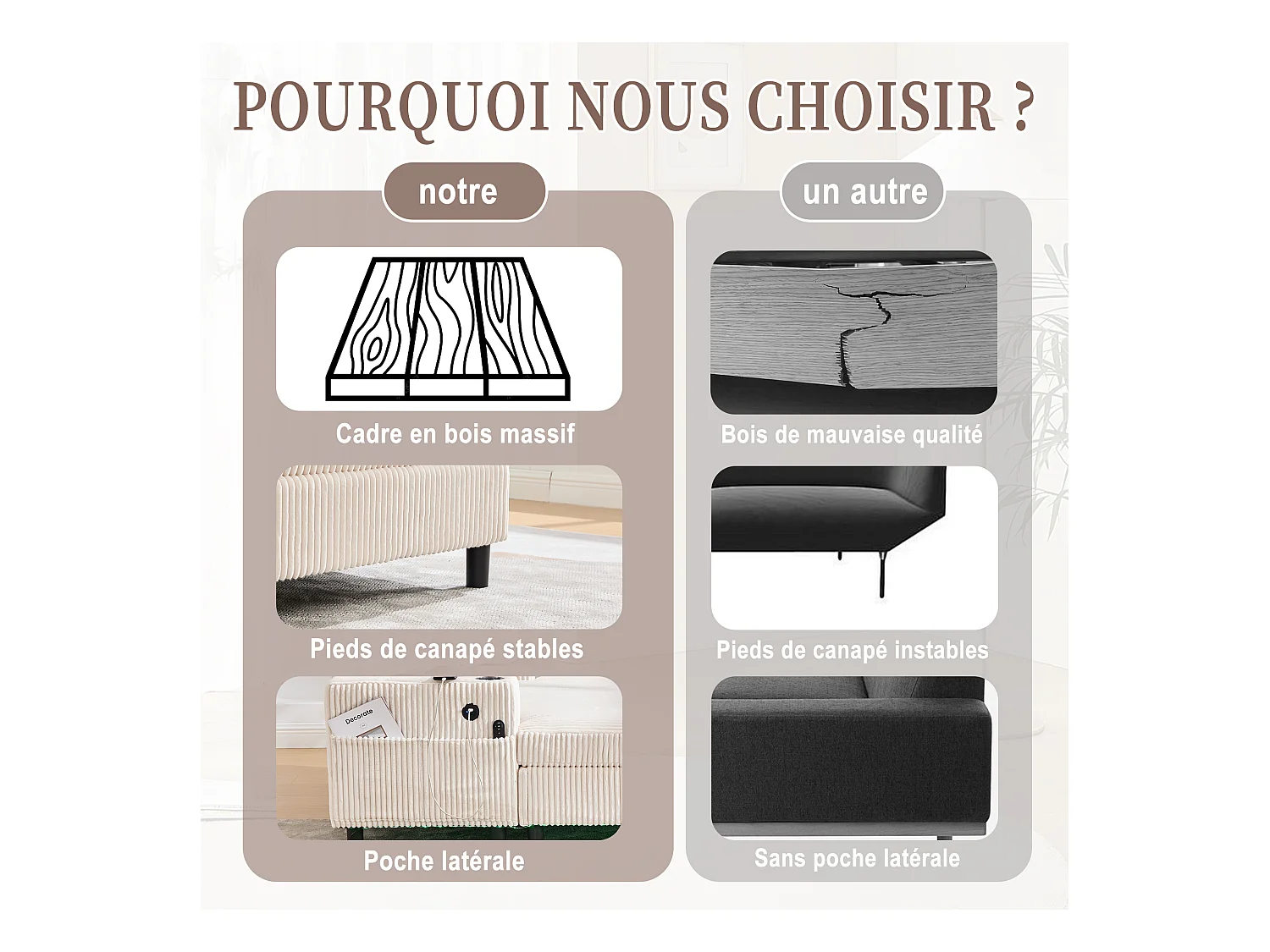 Canapé 1 place fixe en velours beige – double couche pliable – avec LED & port USB - 350kg / 128x85cm