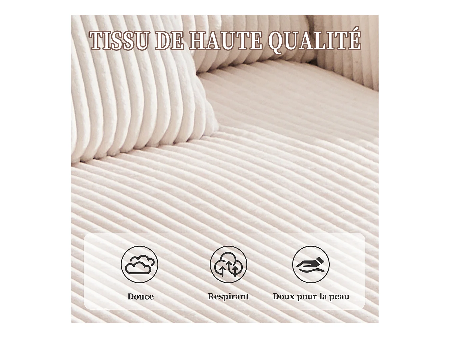 Canapé 1 place fixe en velours beige – double couche pliable – avec LED & port USB - 350kg / 128x85cm