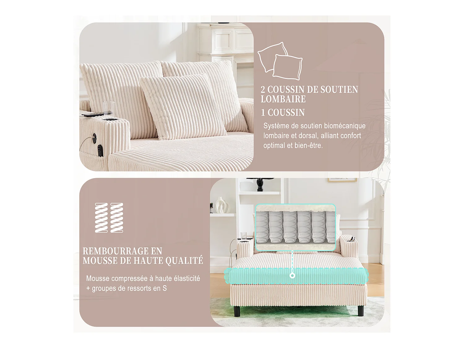 Canapé 1 place fixe en velours beige – double couche pliable – avec LED & port USB - 350kg / 128x85cm