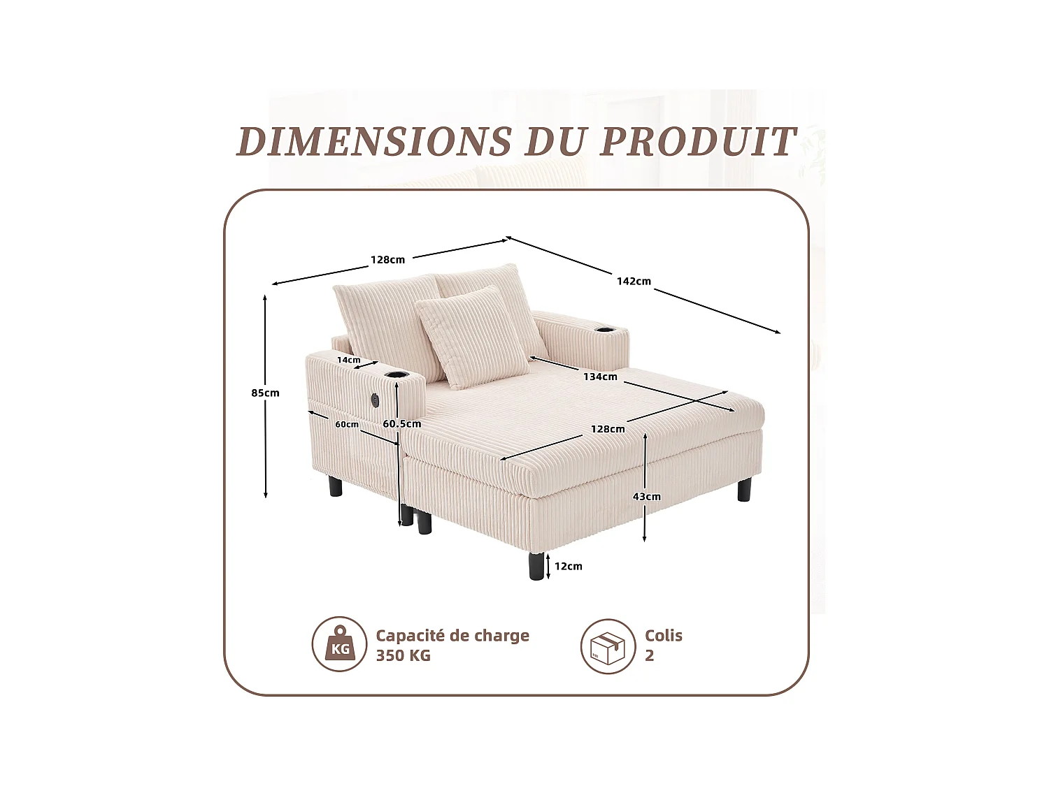 Canapé 1 place fixe en velours beige – double couche pliable – avec LED & port USB - 350kg / 128x85cm