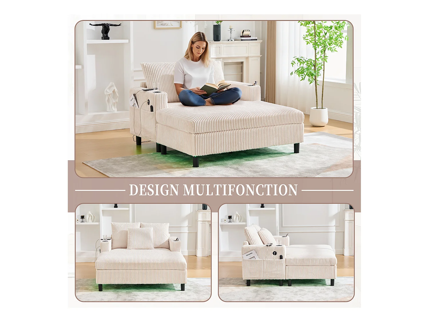 Canapé 1 place fixe en velours beige – double couche pliable – avec LED & port USB - 350kg / 128x85cm