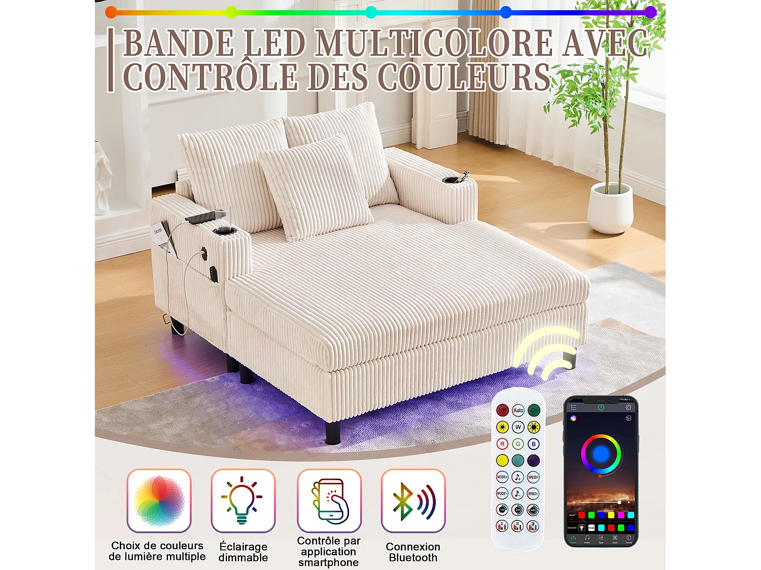 Canapé 1 place fixe en velours beige – double couche pliable – avec LED & port USB - 350kg / 128x85cm