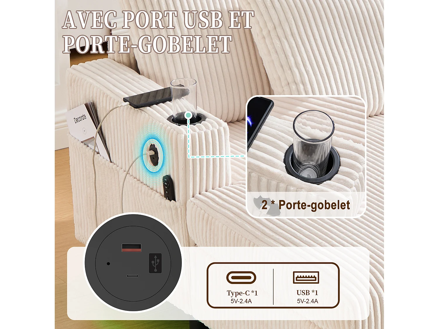 Canapé 1 place fixe en velours beige – double couche pliable – avec LED & port USB - 350kg / 128x85cm