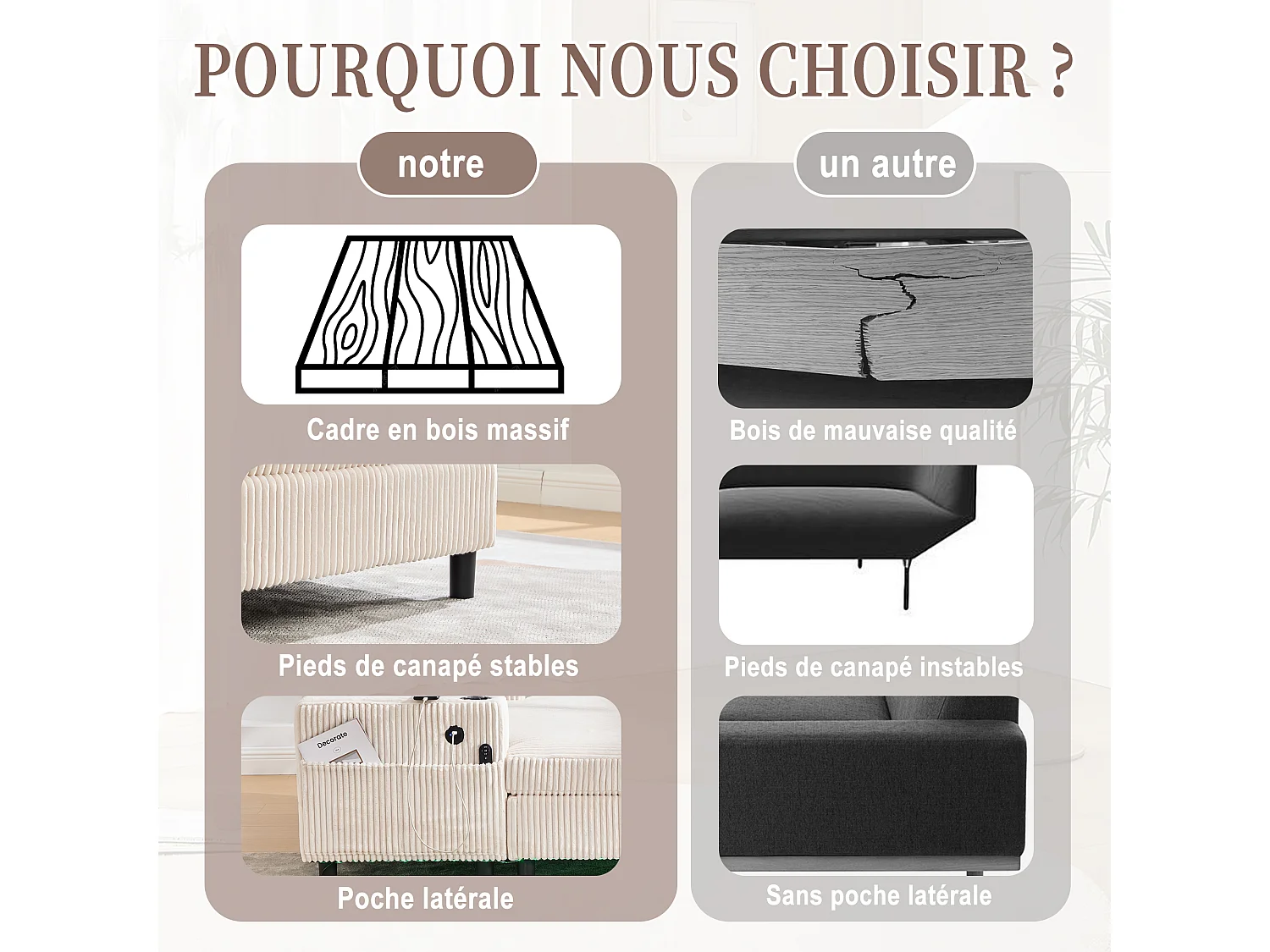 Canapé 1 place fixe en velours beige – double couche pliable – avec LED & port USB - 350kg / 128x85cm