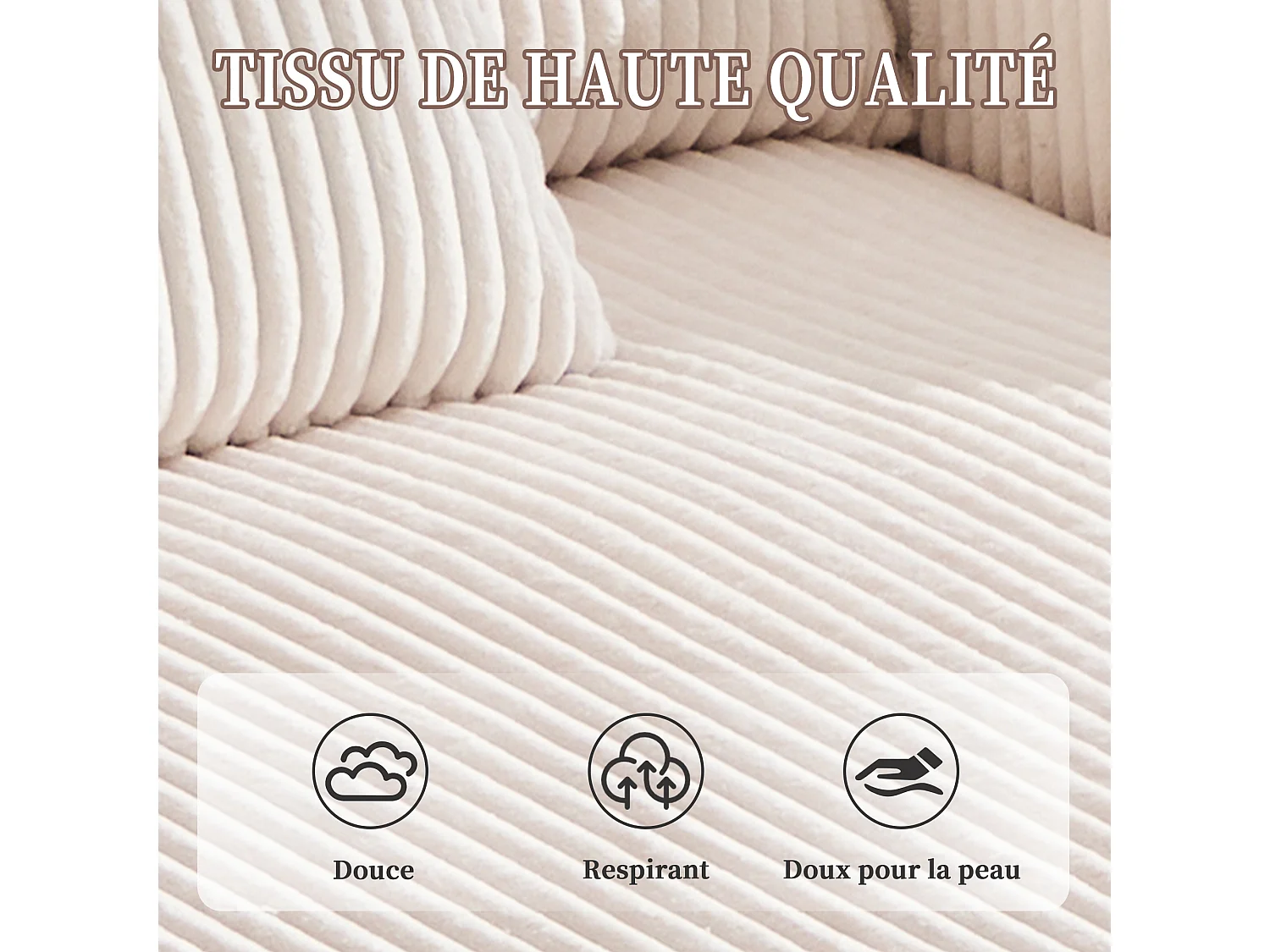 Canapé 1 place fixe en velours beige – double couche pliable – avec LED & port USB - 350kg / 128x85cm