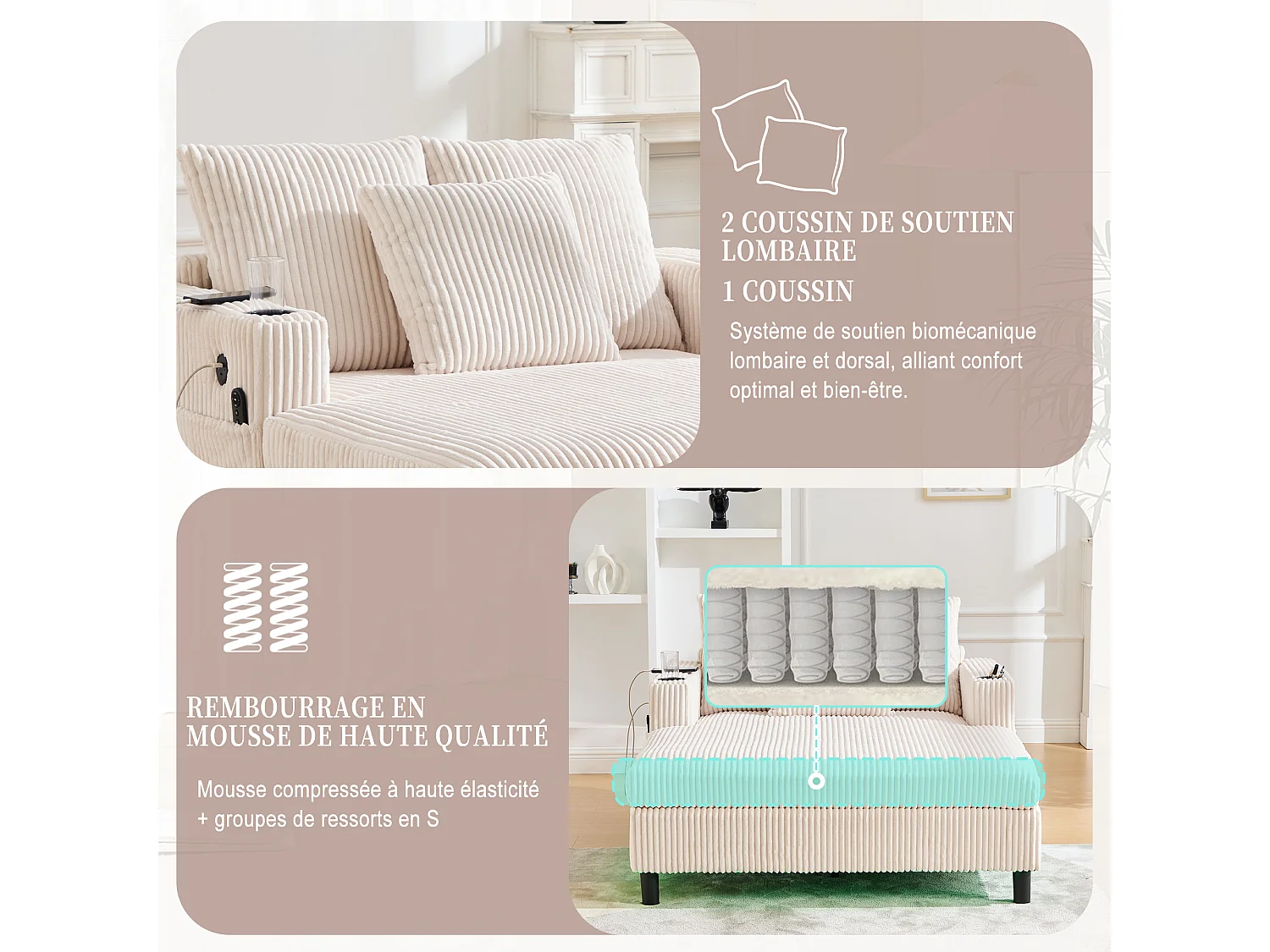 Canapé 1 place fixe en velours beige – double couche pliable – avec LED & port USB - 350kg / 128x85cm