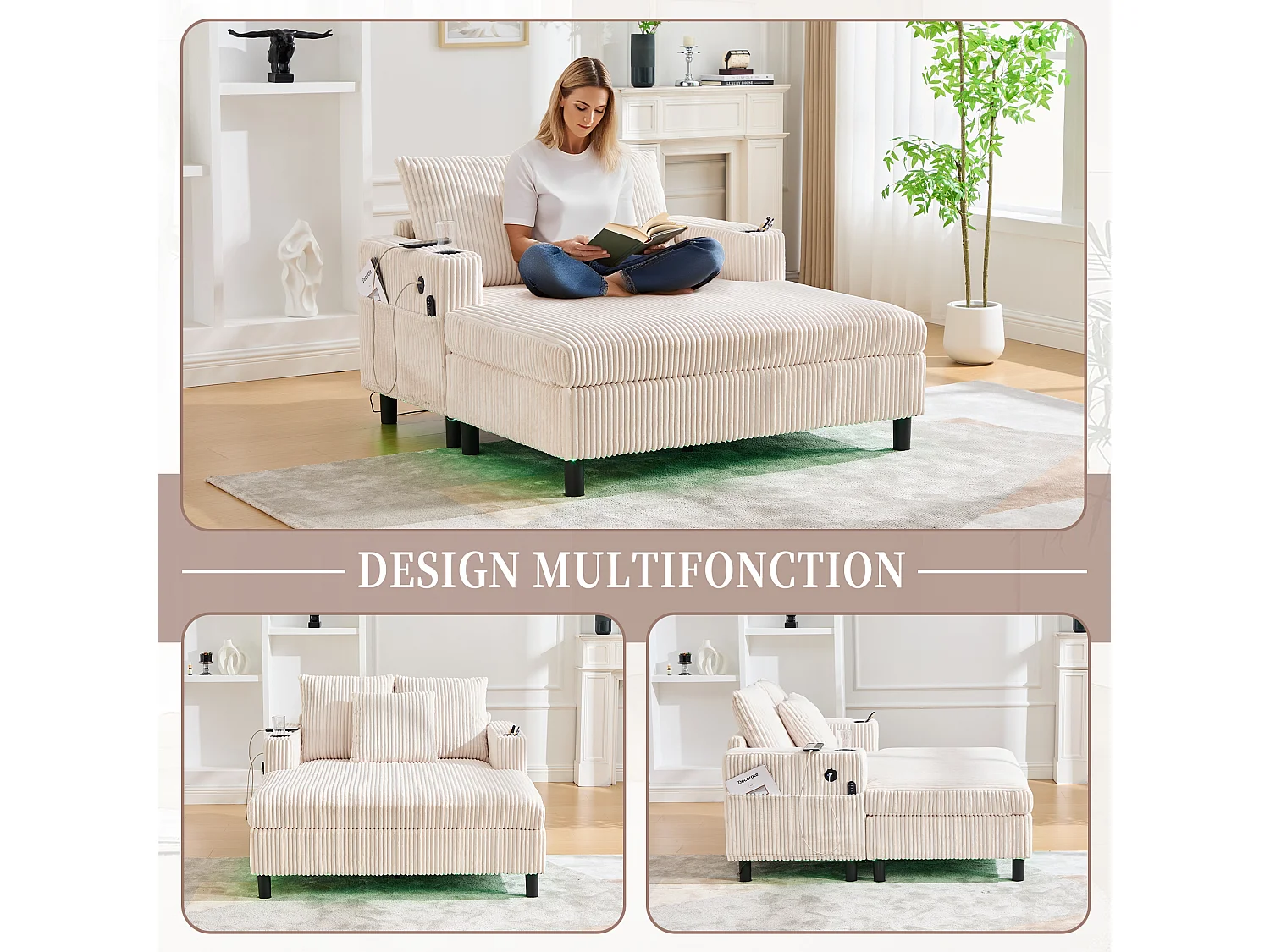 Canapé 1 place fixe en velours beige – double couche pliable – avec LED & port USB - 350kg / 128x85cm