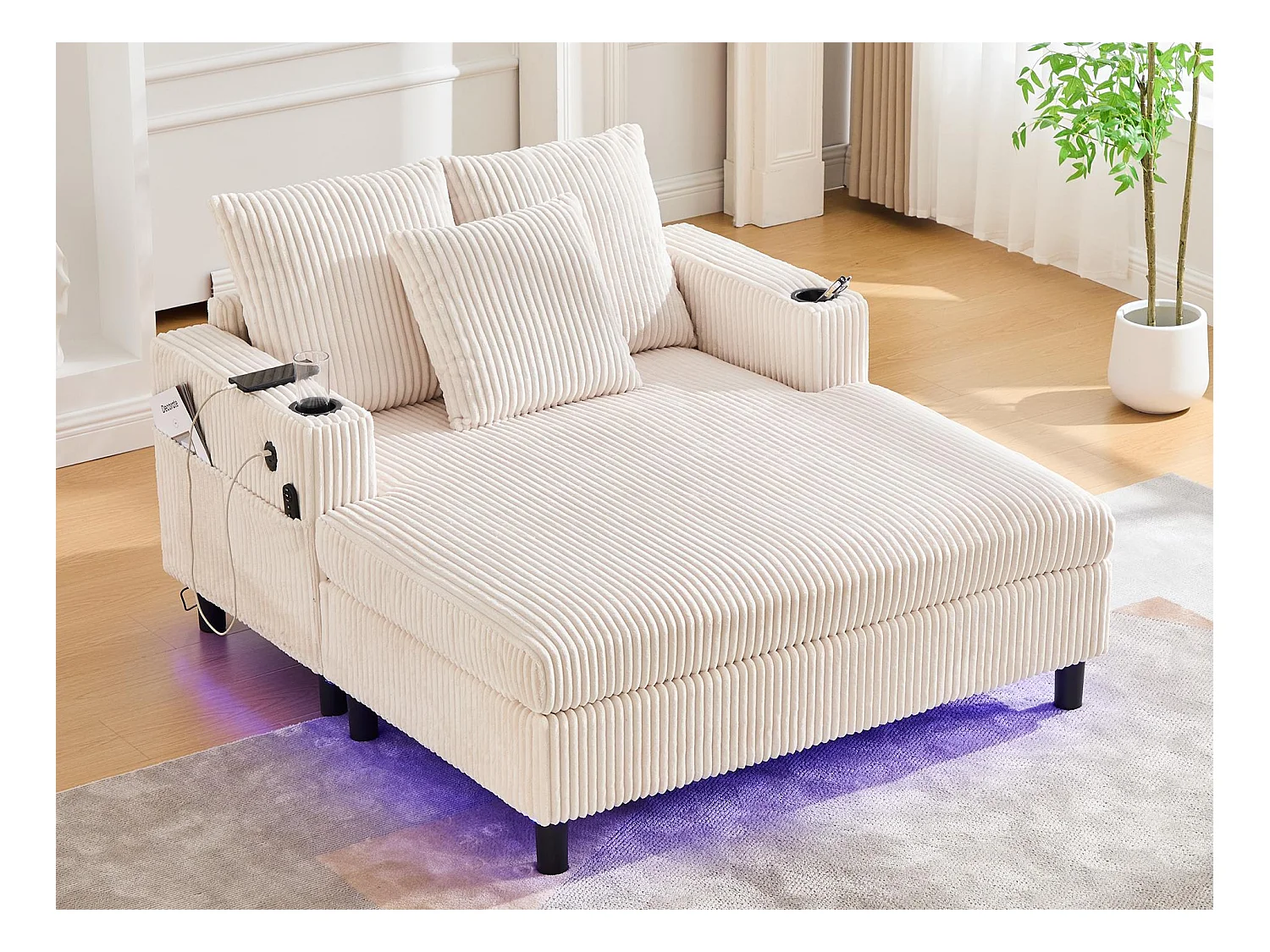 Canapé 1 place convertible en velours beige – double couche pliable – avec LED & port USB - 350kg / 128x85cm