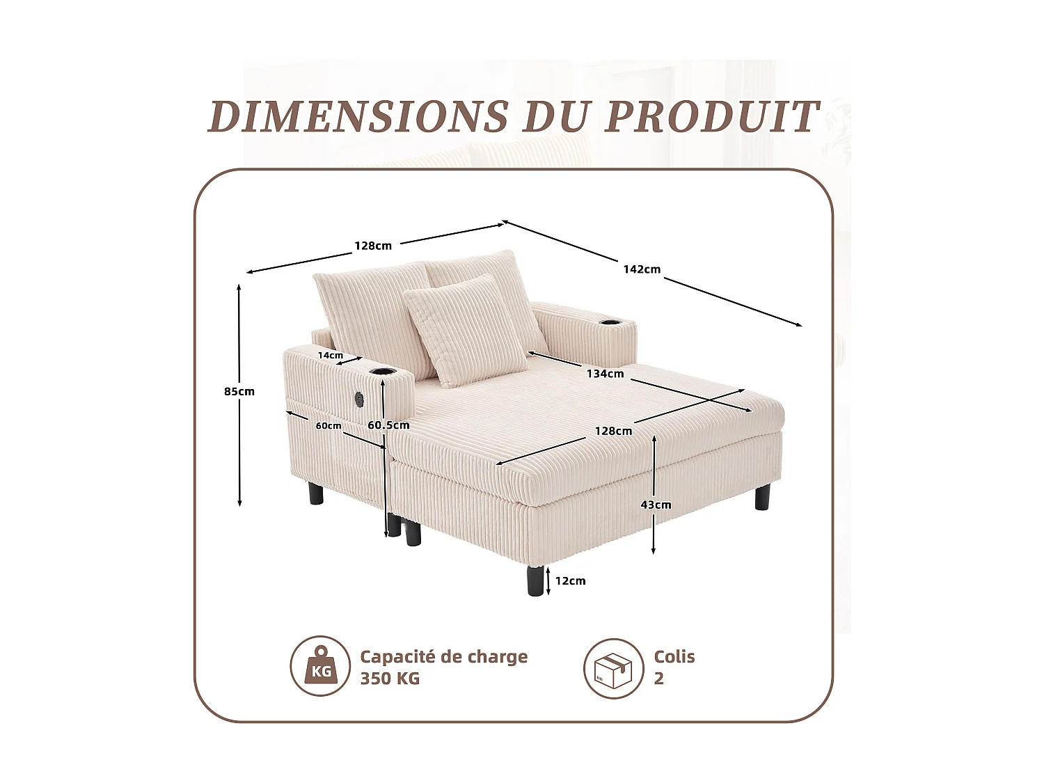 Canapé 1 place fixe en velours beige – double couche pliable – avec LED & port USB - 350kg / 128x85cm