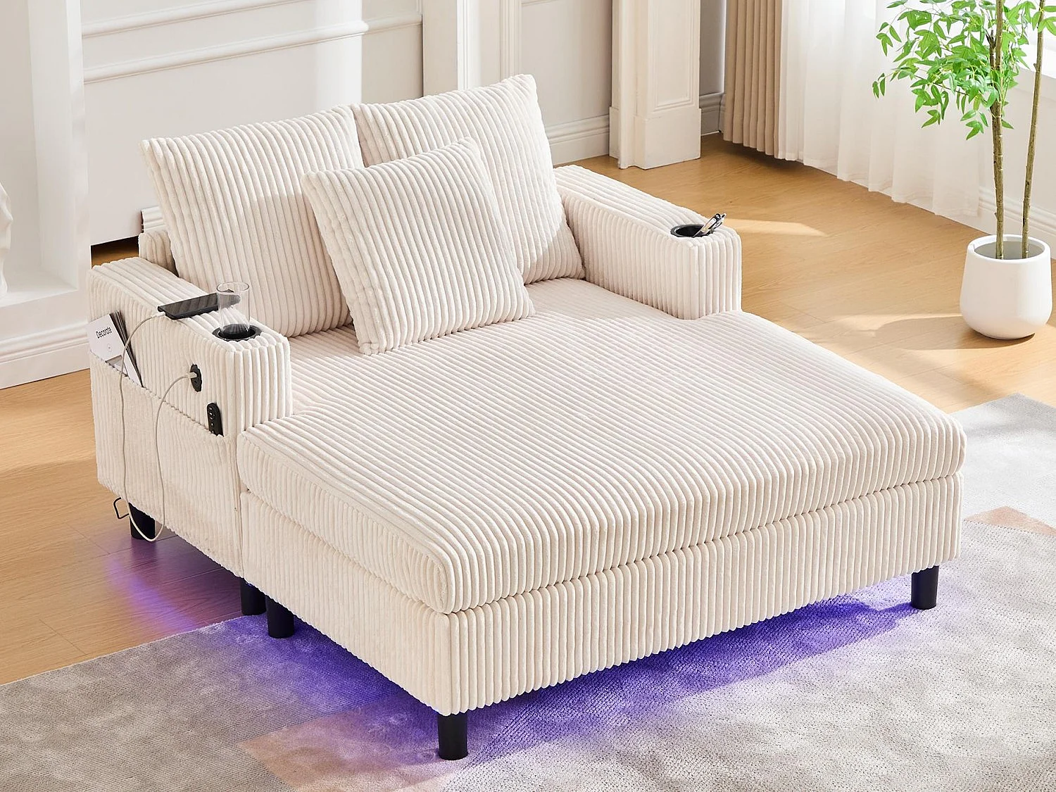 Sofá cama techno de 1 plaza con LED y USB - Tejido acanalado - Almacenaje integrado - 350 kg / 128x85 cm