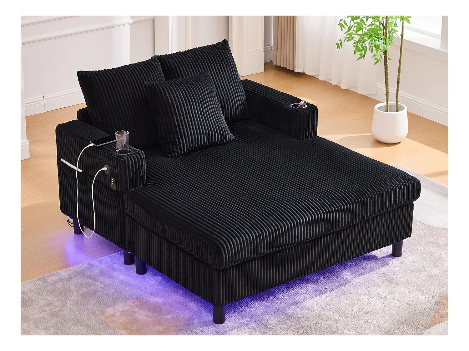 Canapé 1 place convertible en velours noir – double couche pliable – avec LED & port USB - 350kg / 128x85cm
