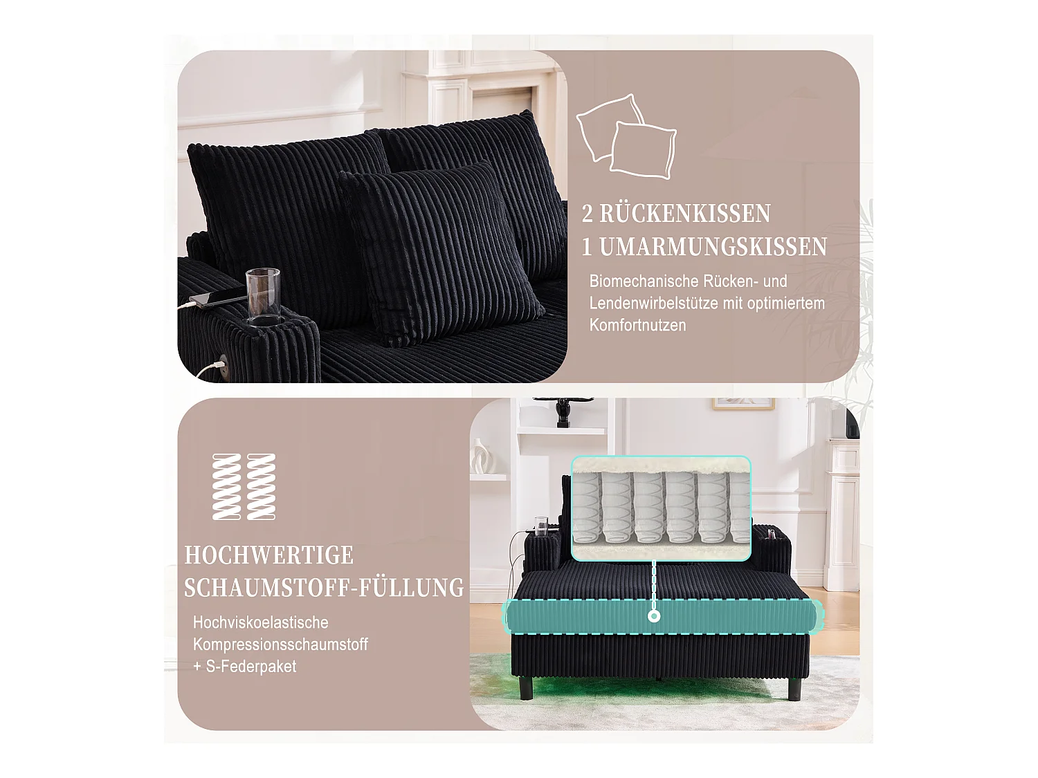 Canapé 1 place convertible en velours noir – double couche pliable – avec LED & port USB - 350kg / 128x85cm