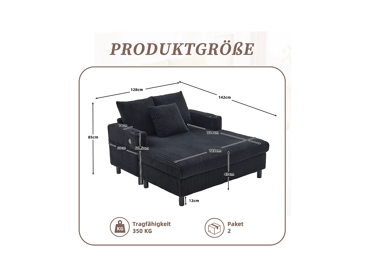 Canapé 1 place convertible en velours noir – double couche pliable – avec LED & port USB - 350kg / 128x85cm
