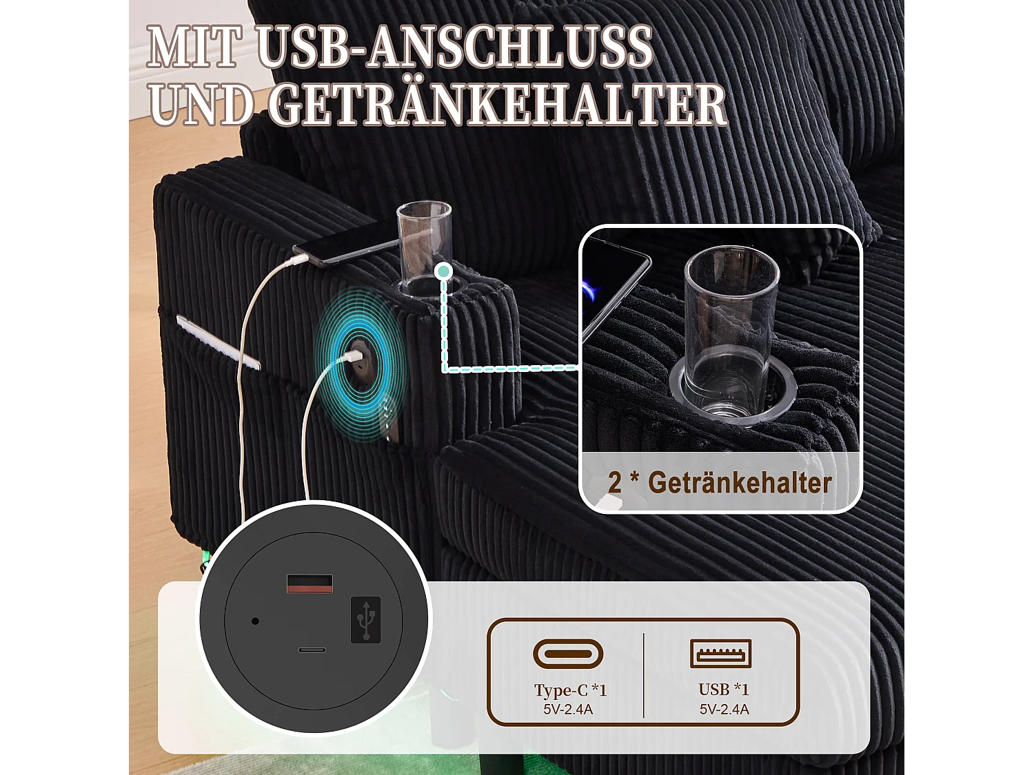 Canapé 1 place fixe en velours noir – double couche pliable – avec LED & port USB - 350kg / 128x85cm